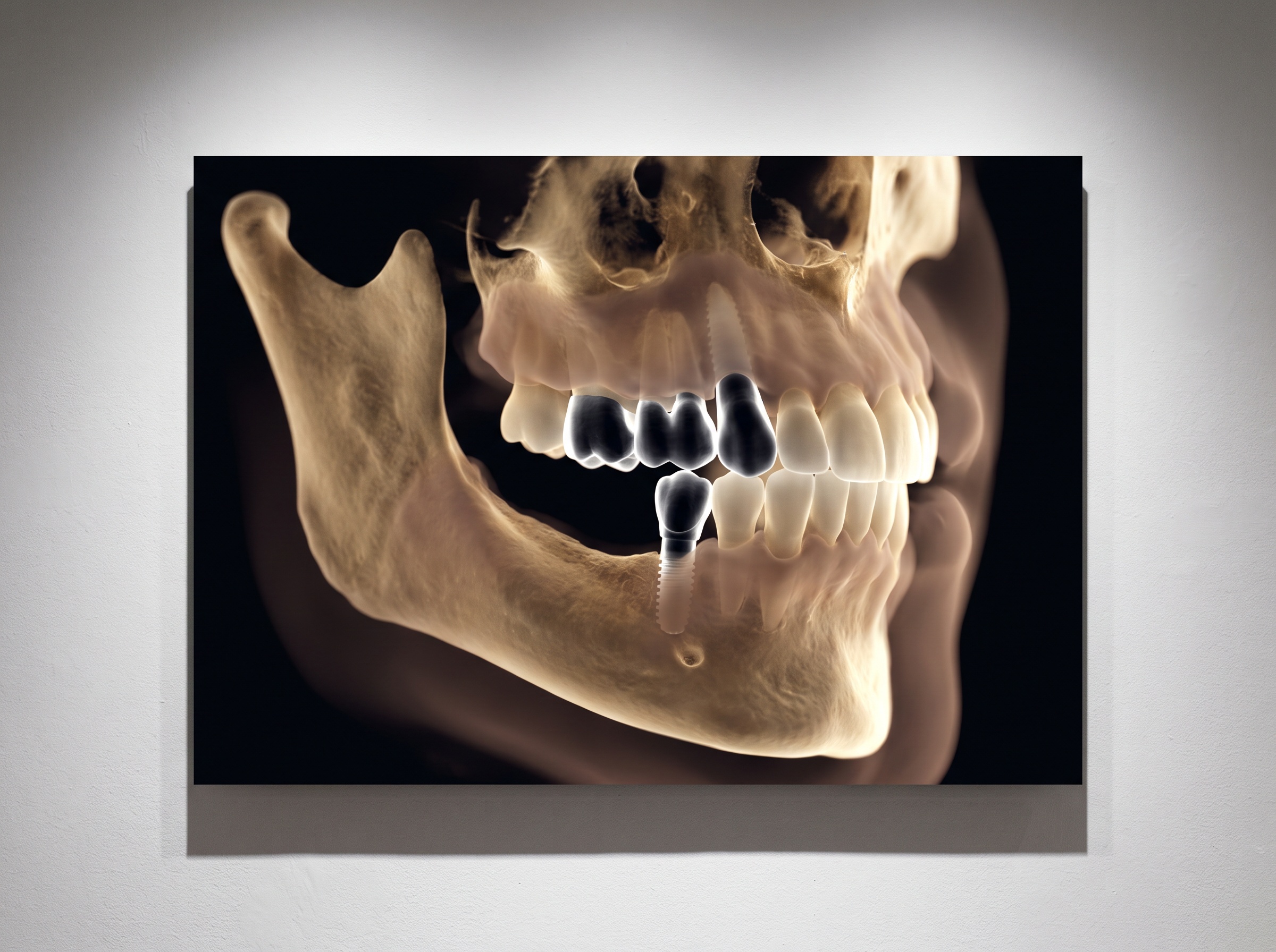 A finished three-dimensional dental volume in which bone, soft tissue, and metal each glow in a distinct refined colour, reading at a glance as a map of substances