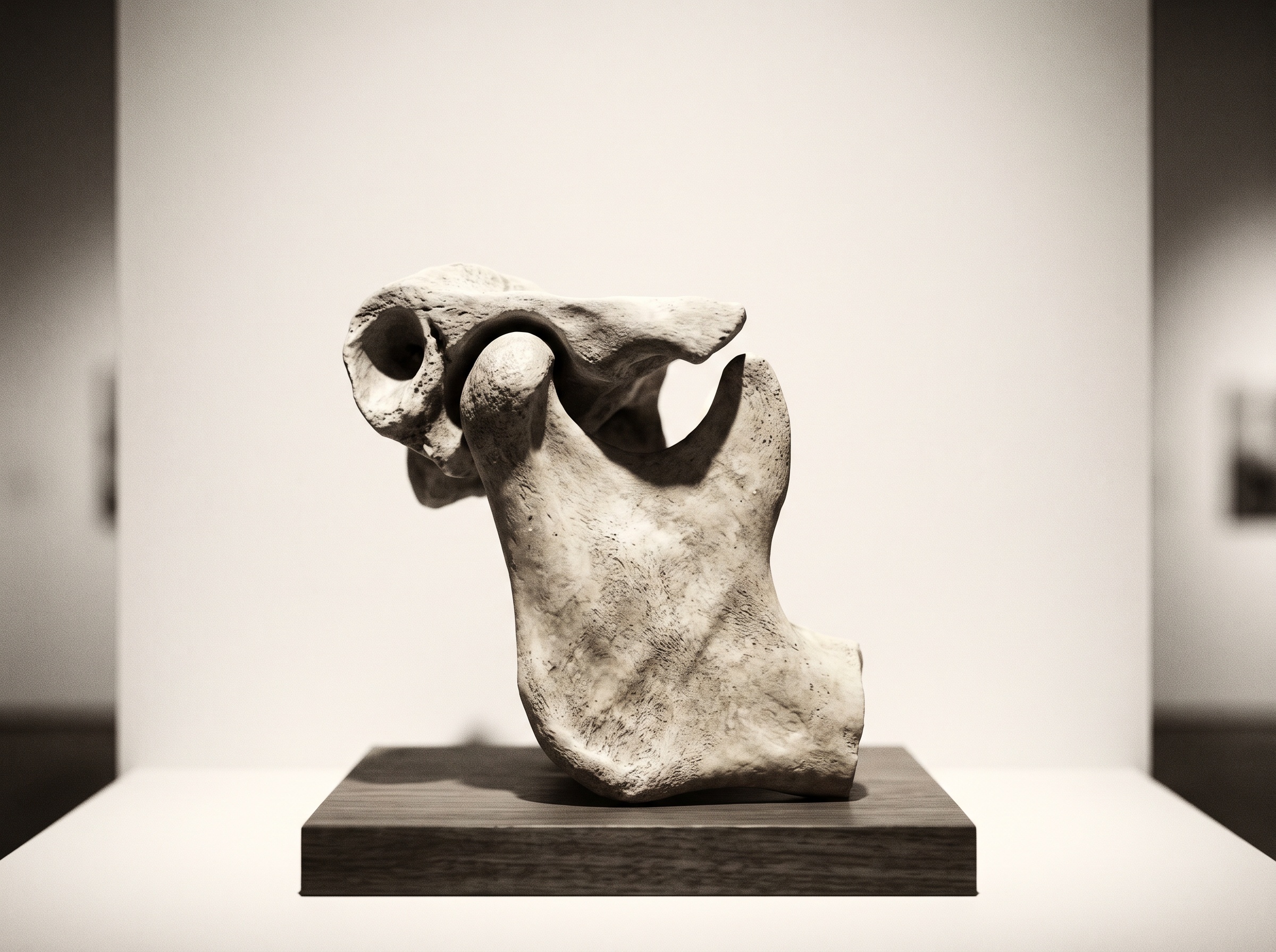 A rounded jaw condyle bone seated in its socket, rendered as crisp pale carved stone with slight flattening, presented as gallery sculpture