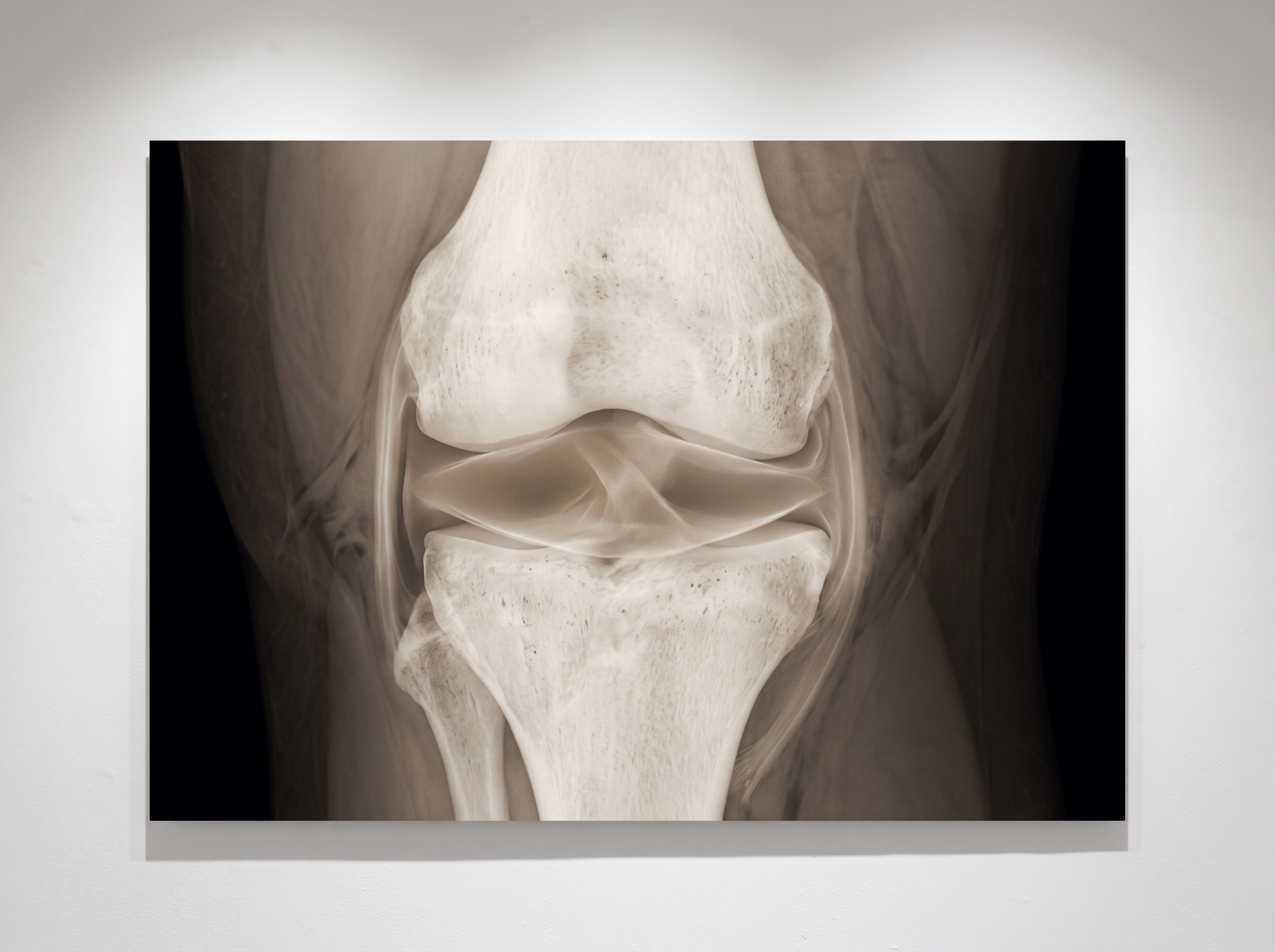 A soft lens-shaped cartilage disc glowing as a faint veil between two bones, rendered as subtle gallery art