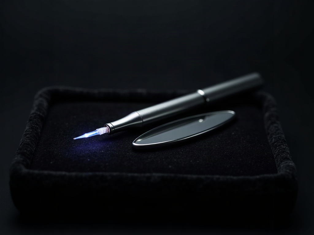 A glowing fiber-optic transillumination probe beside a dental mirror on black velvet