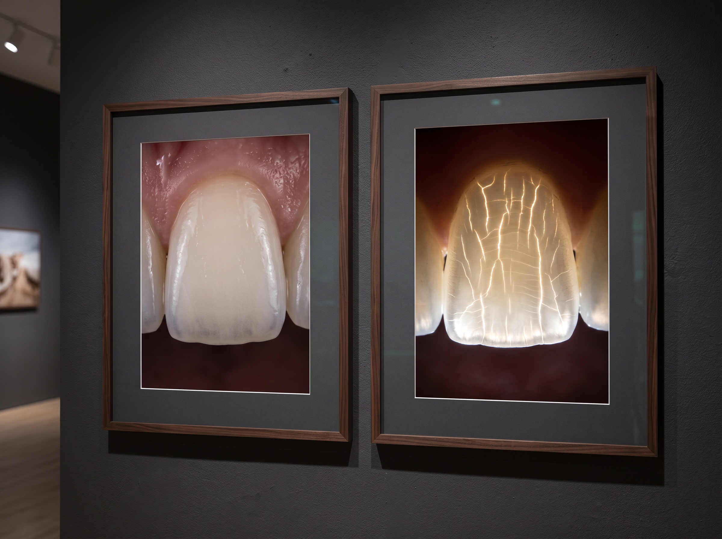 Diptych comparing an anterior tooth under normal light and under transillumination revealing craze lines