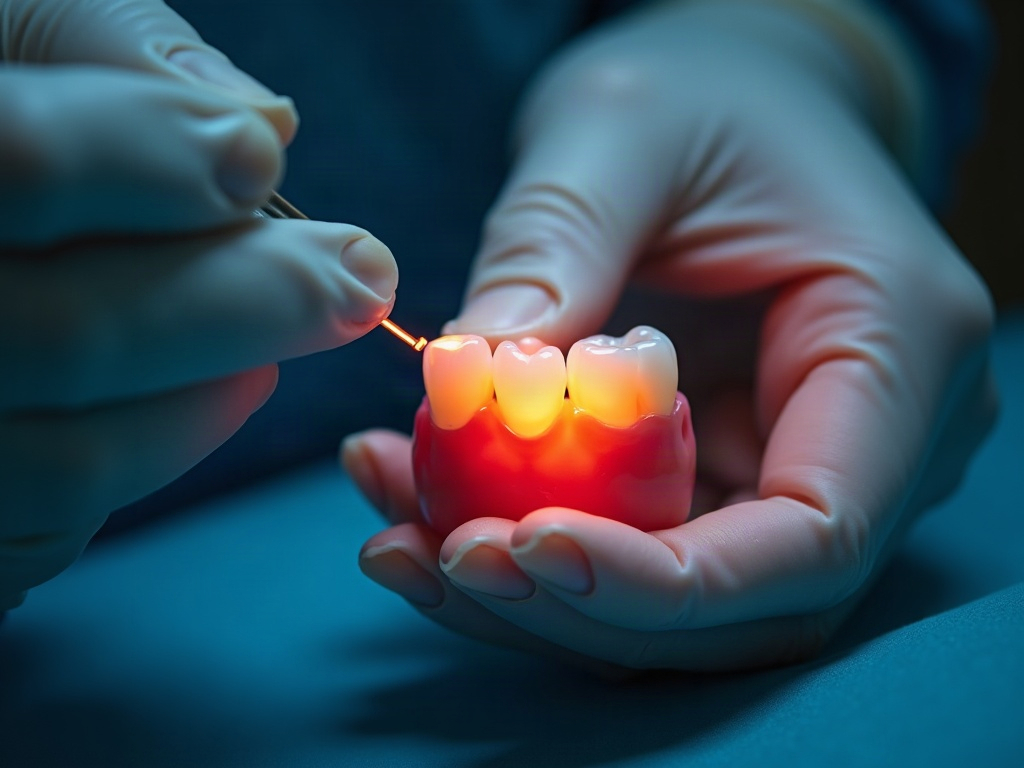 A gloved hand transilluminating a lower molar, the tooth glowing at the gumline
