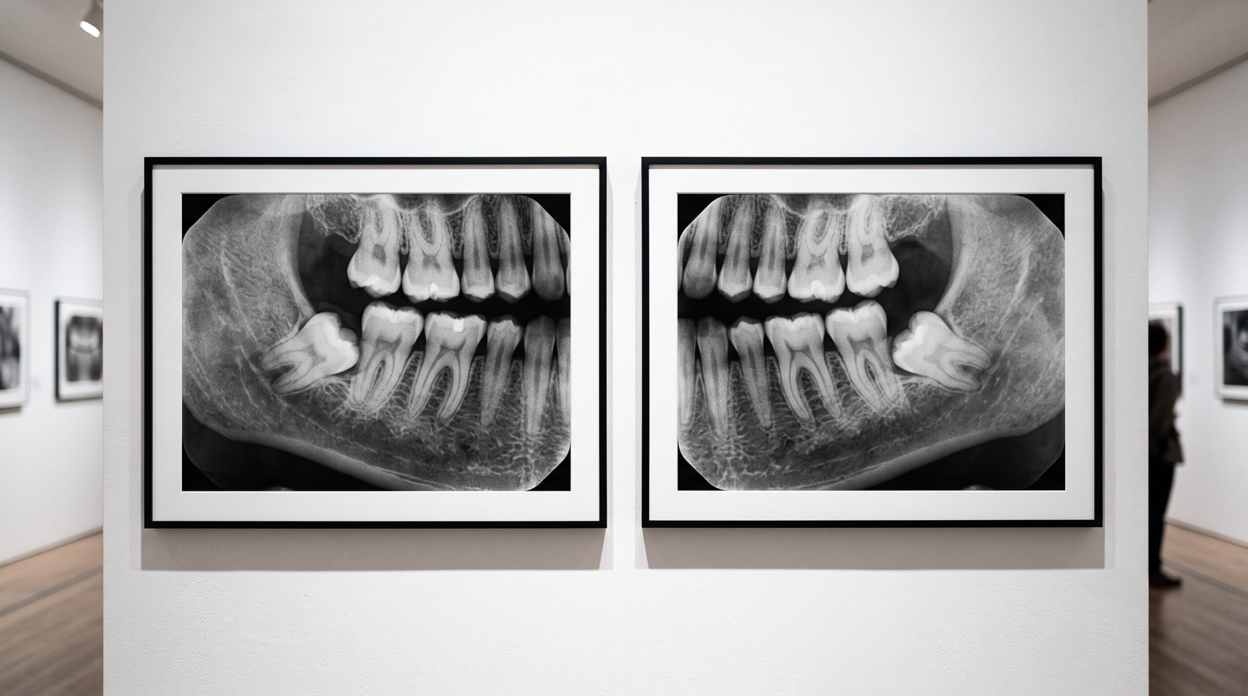 Two framed dental radiographs side by side on a gallery wall, the same tooth shifted between them