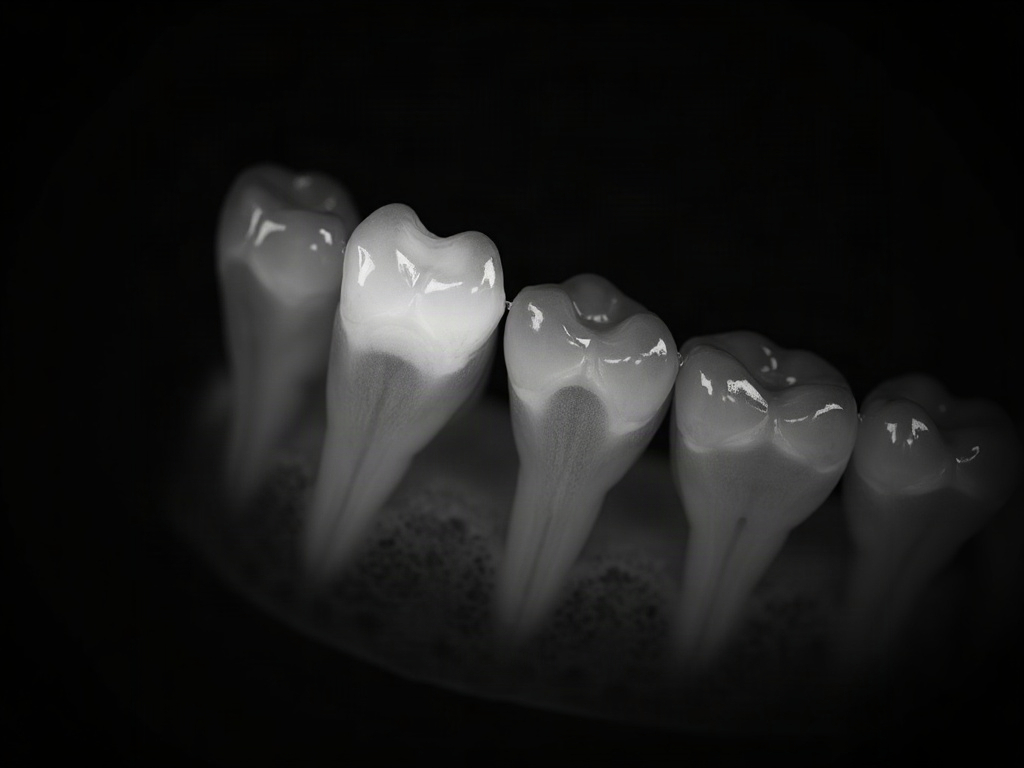 A grayscale dental radiograph showing an impacted canine angled beside adjacent tooth roots