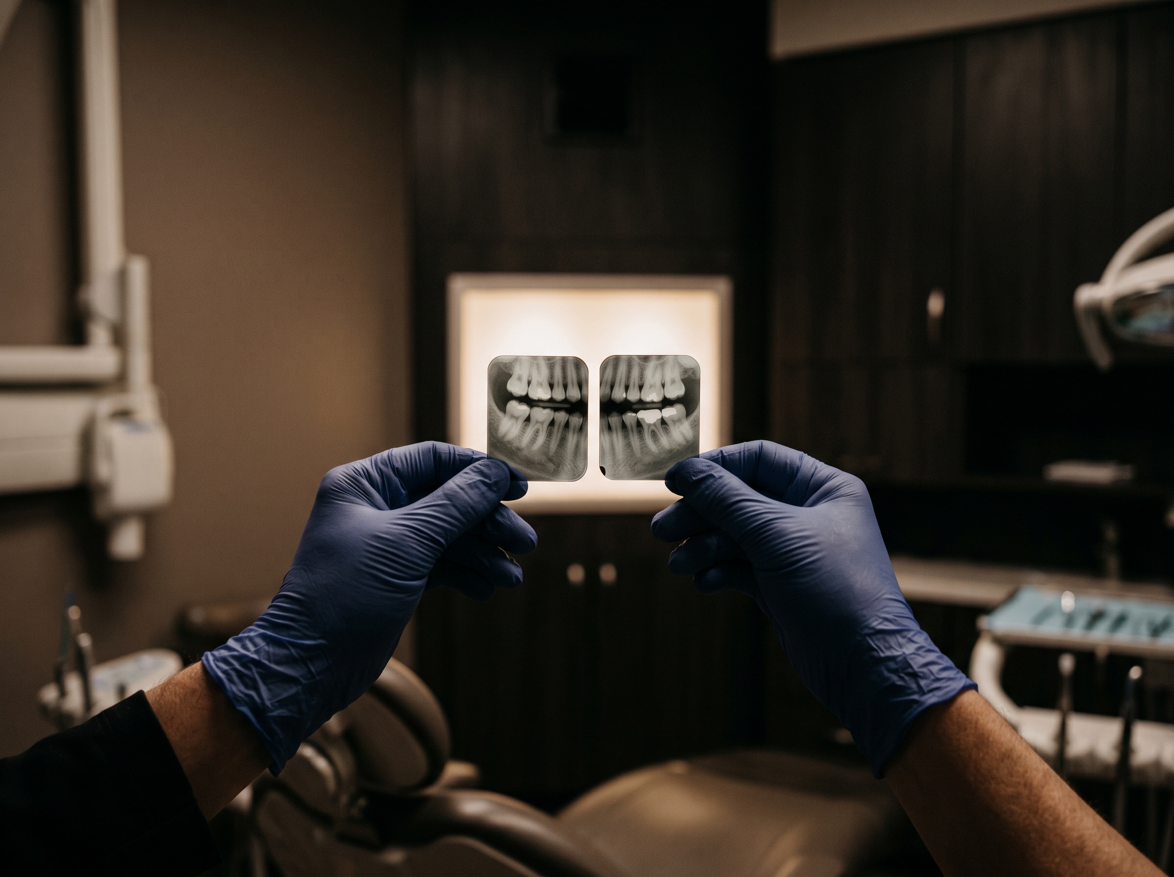 Hands comparing two dental radiographs against a glowing lightbox in a dim room