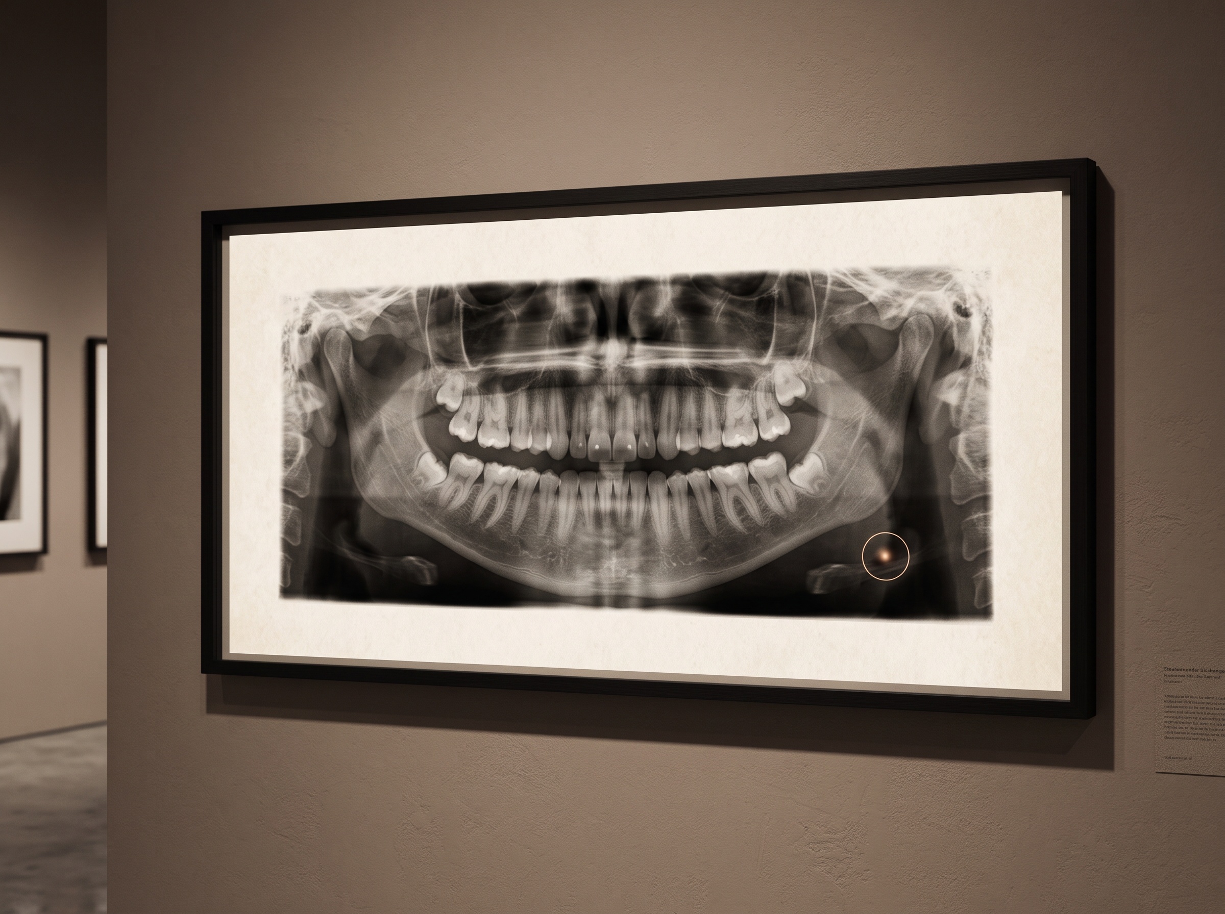 A framed panoramic radiograph with a small highlighted region in the neck area gently circled by light