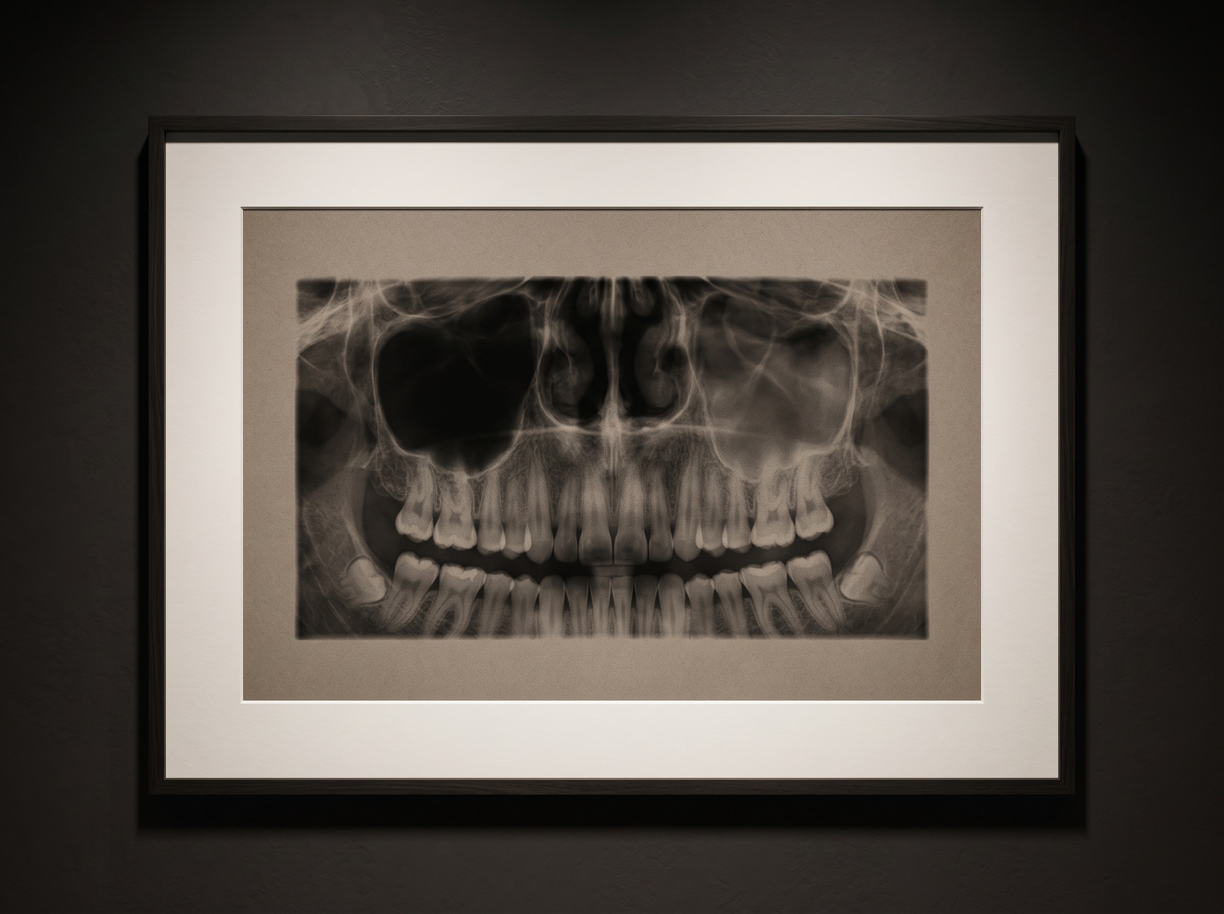 A dental radiograph showing the two maxillary sinus spaces, one clear and one subtly clouded