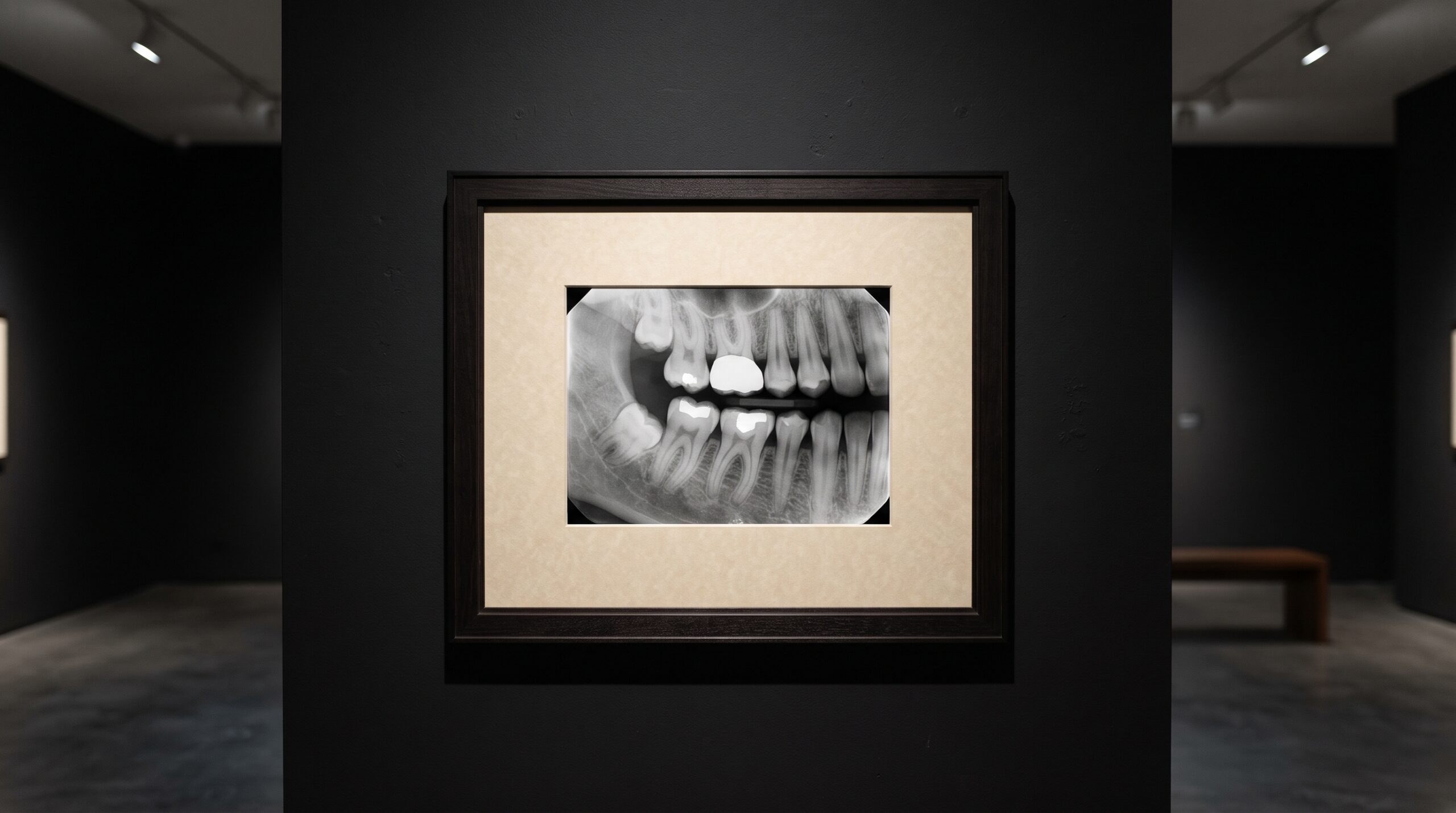 A single framed dental radiograph hung with precision on a near-black gallery wall, its mat and outer frame rendered as two distinct protective layers