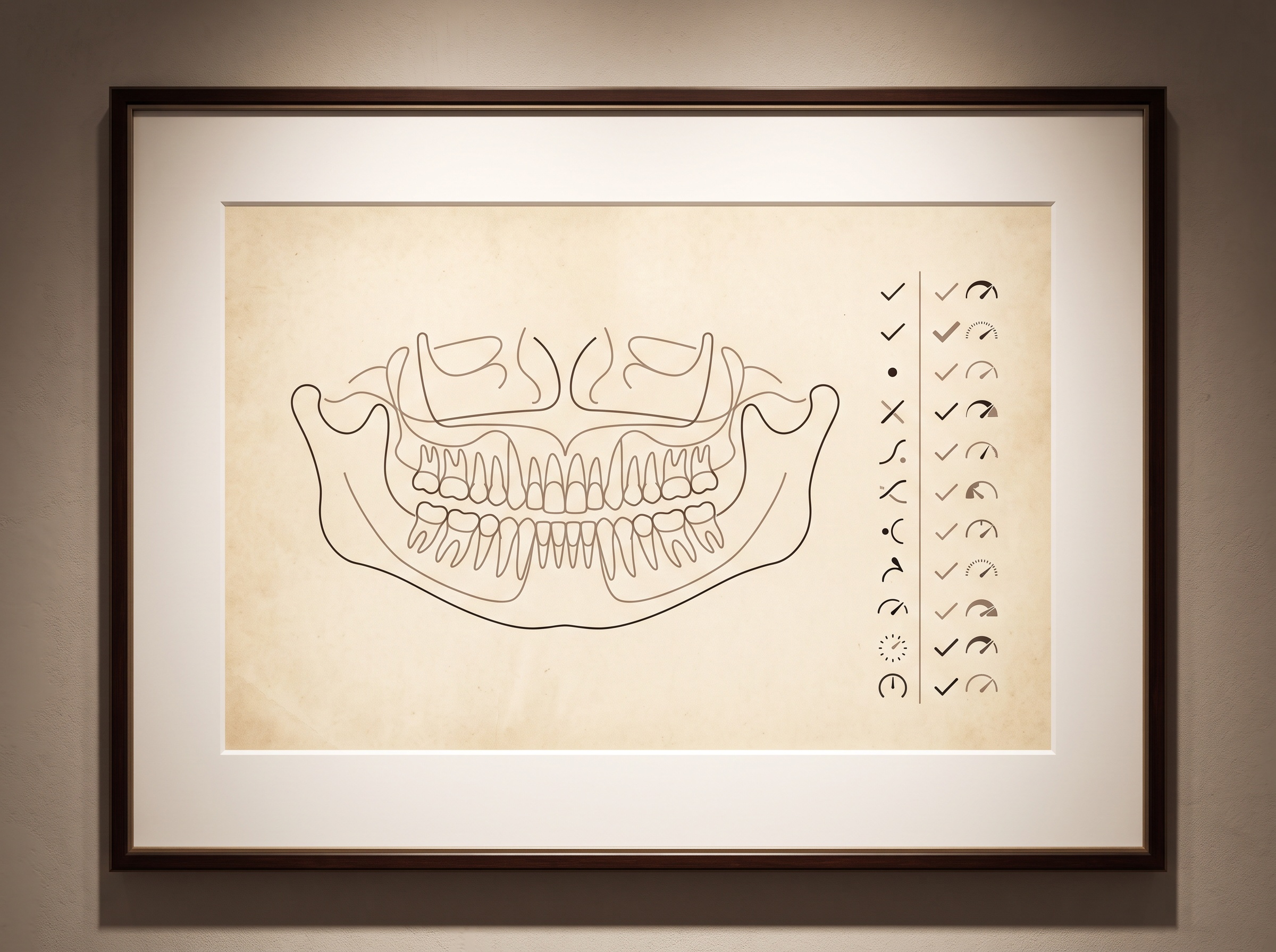A diagram of a panoramic dental radiograph beside abstract quality gauges suggesting sharpness, contrast, positioning, and exposure being checked