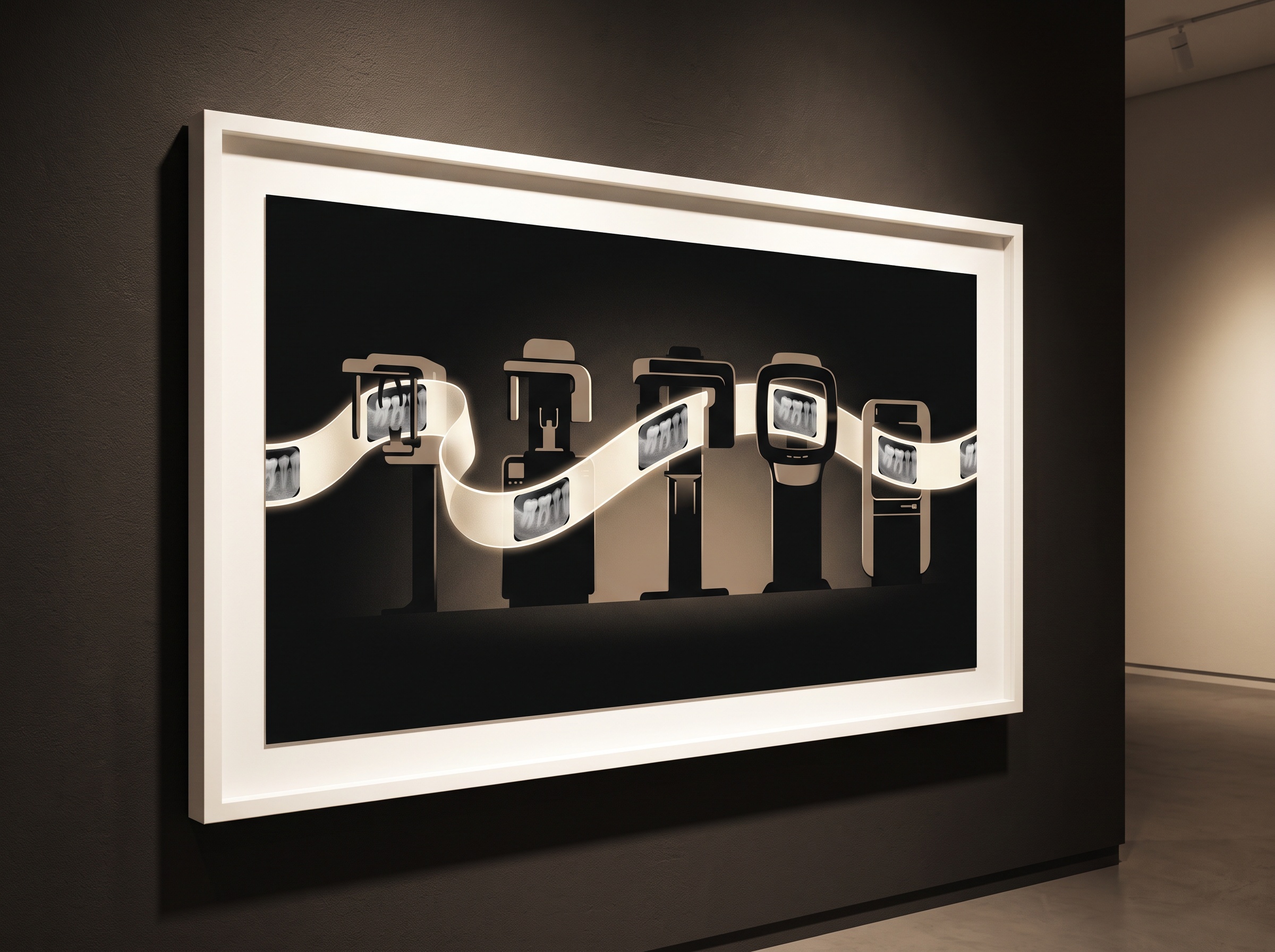 An illustration of one radiograph travelling as a ribbon of light between several different imaging machines, arriving intact and identical at each