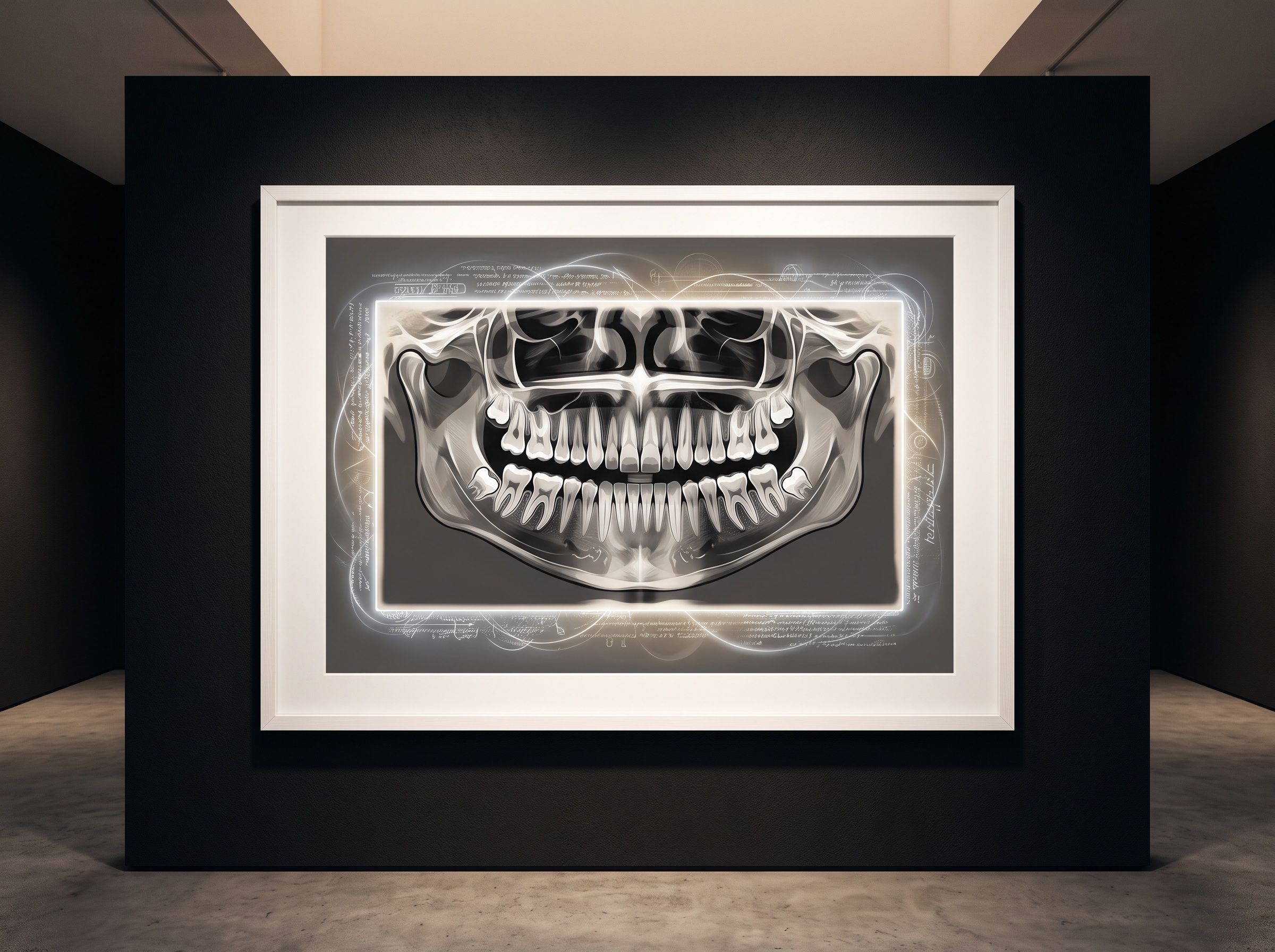 A framed dental radiograph surrounded by a faint glowing border suggesting the hidden metadata and provenance a DICOM file carries with the image