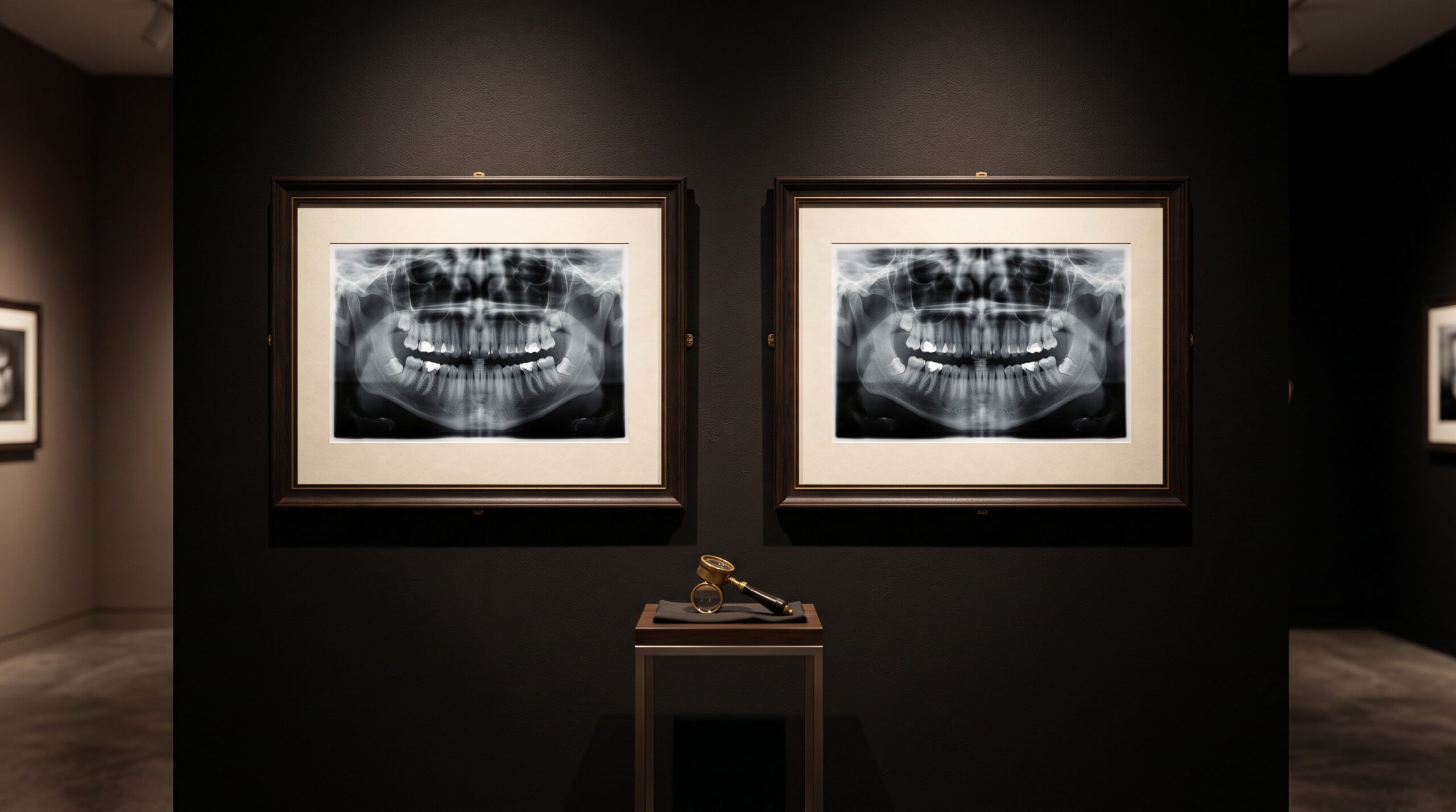 Two identical-looking framed dental radiographs side by side on a gallery wall with a connoisseur's loupe between them