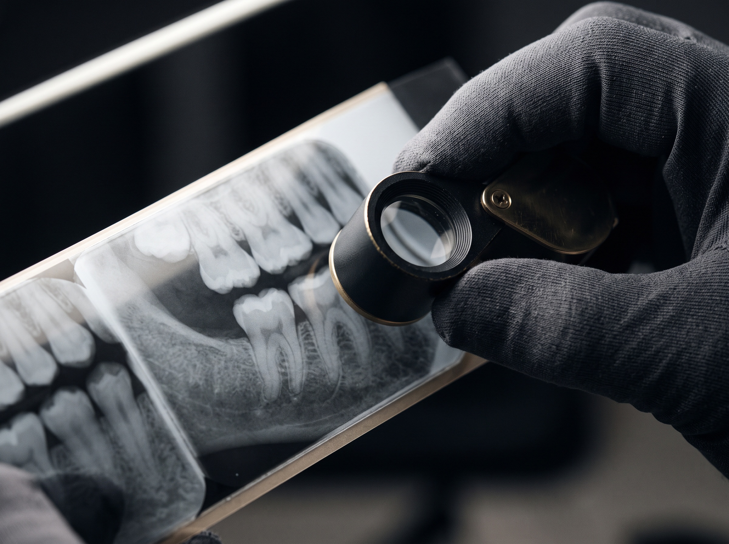 Extreme close-up of a dental radiograph being examined under a loupe and raking light, as if authenticating an artwork