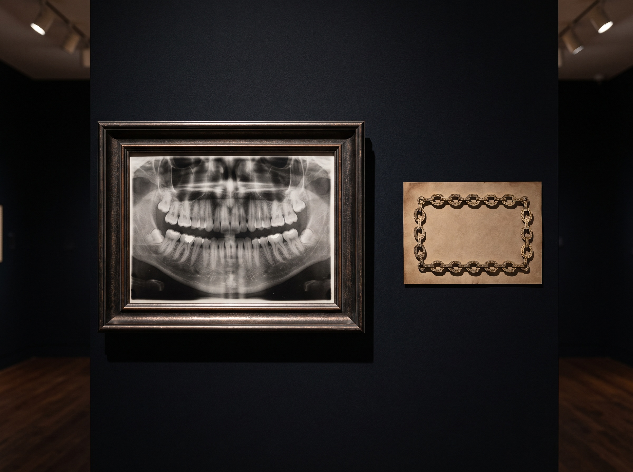 A framed radiograph beside a gallery placard rendered as an unbroken chain of links, symbolizing chain of custody