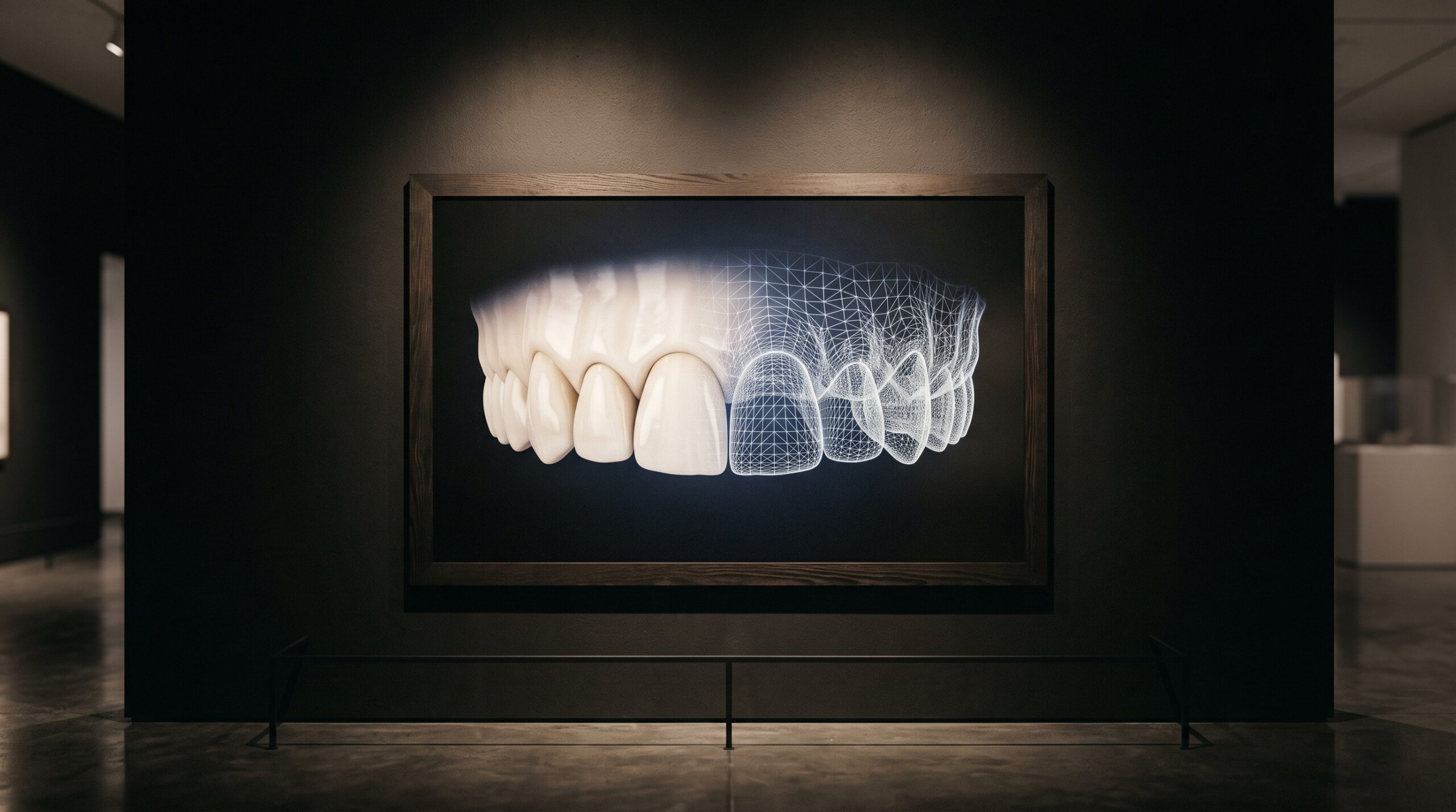A framed 3D rendering of idealized upper front teeth, half polished form and half computational wireframe, shown as gallery art