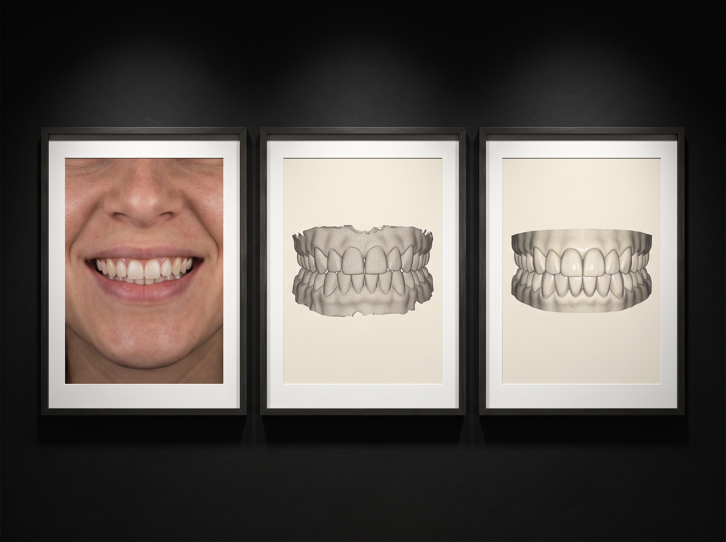 A triptych showing a smile photograph, an intraoral scan mesh, and a finished 3D smile design as three stages