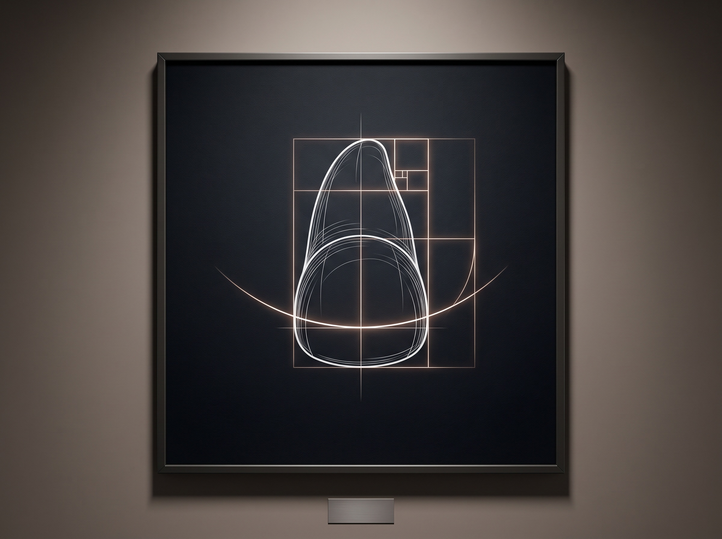 An idealized tooth form overlaid with faint proportion guides and a sweeping smile-arc line, presented as art
