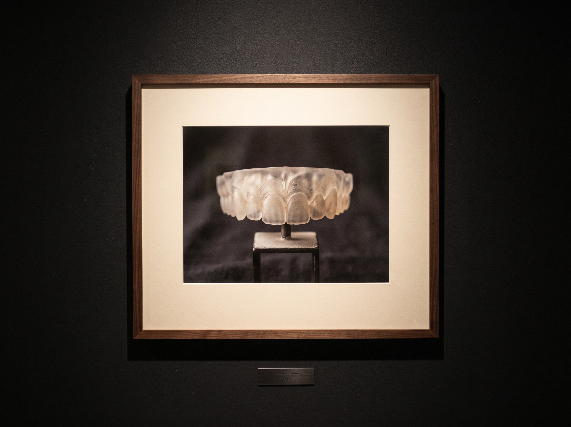 A translucent resin 3D-printed dental mock-up shell displayed on a pedestal like a small sculpture