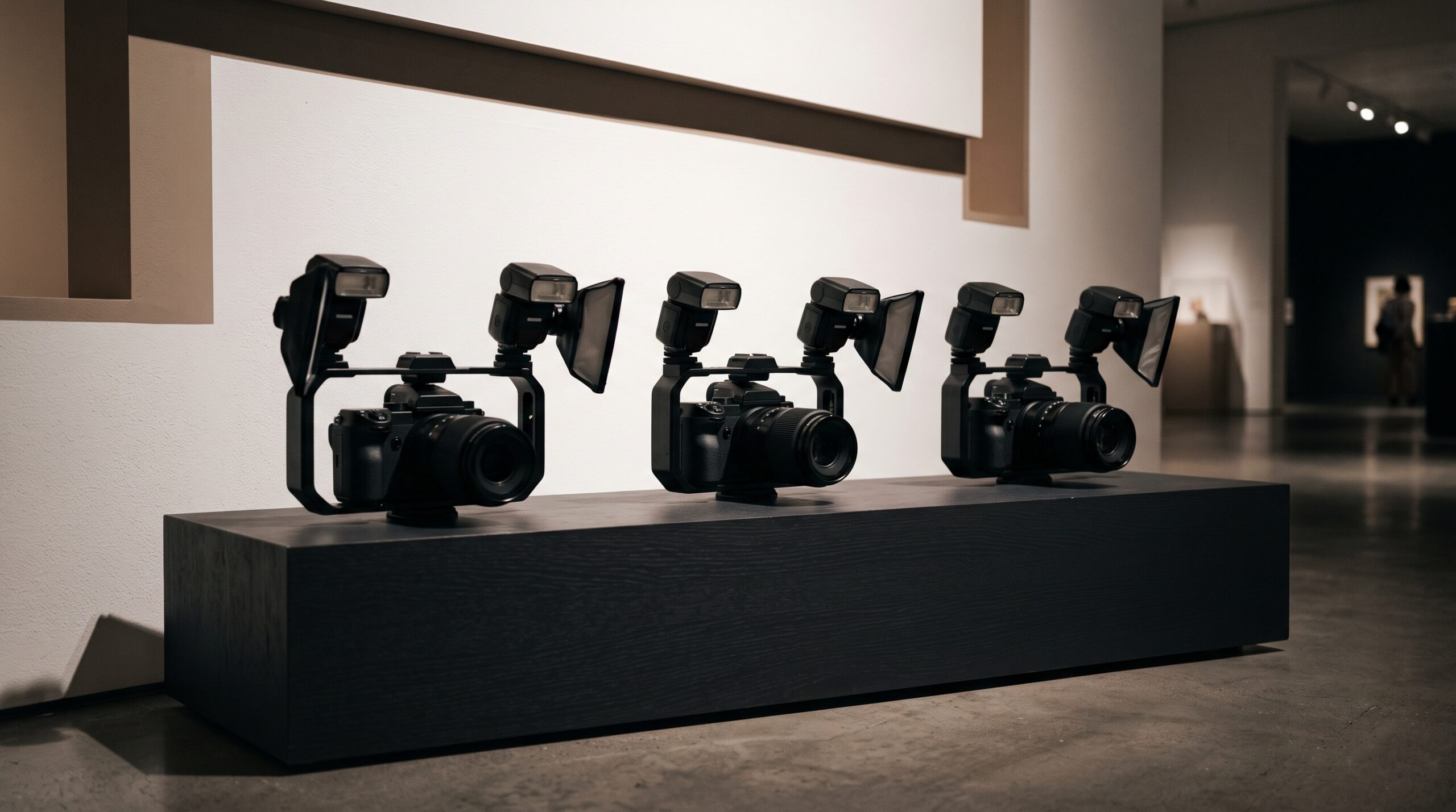 Three mirrorless cameras fitted with macro lenses and twin-flash brackets displayed as gallery sculptures