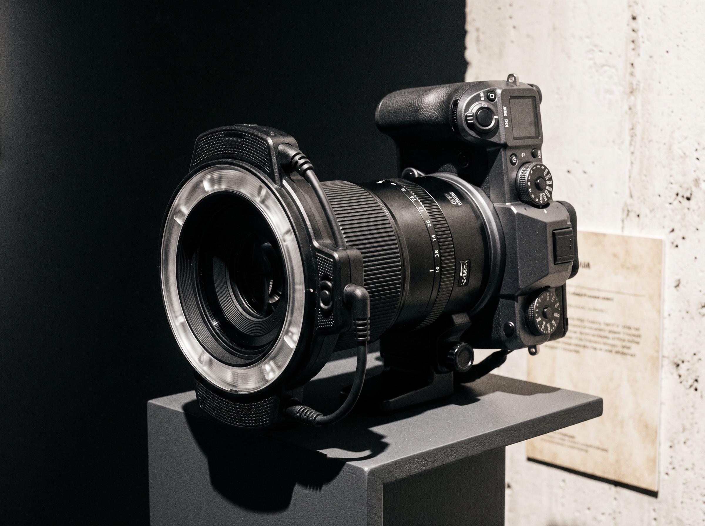 A mirrorless camera with a macro lens and a ring flash shown as a precision instrument