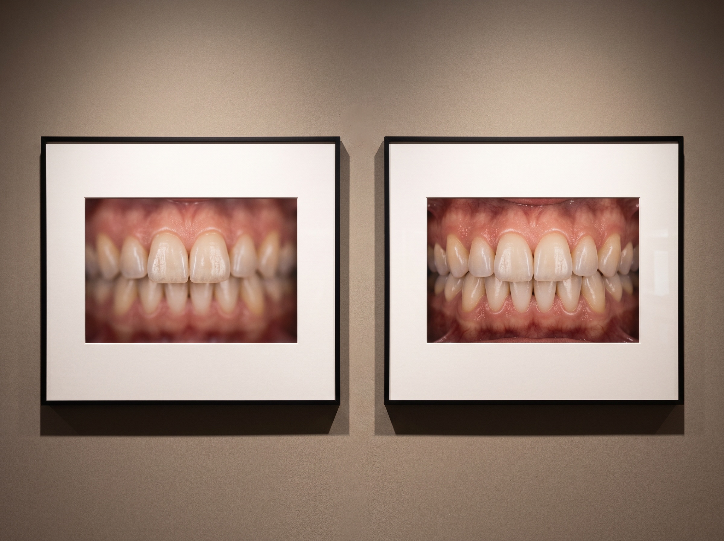 Two framed dental close-ups shown side by side, one with shallow depth of field and one with deep sharpness