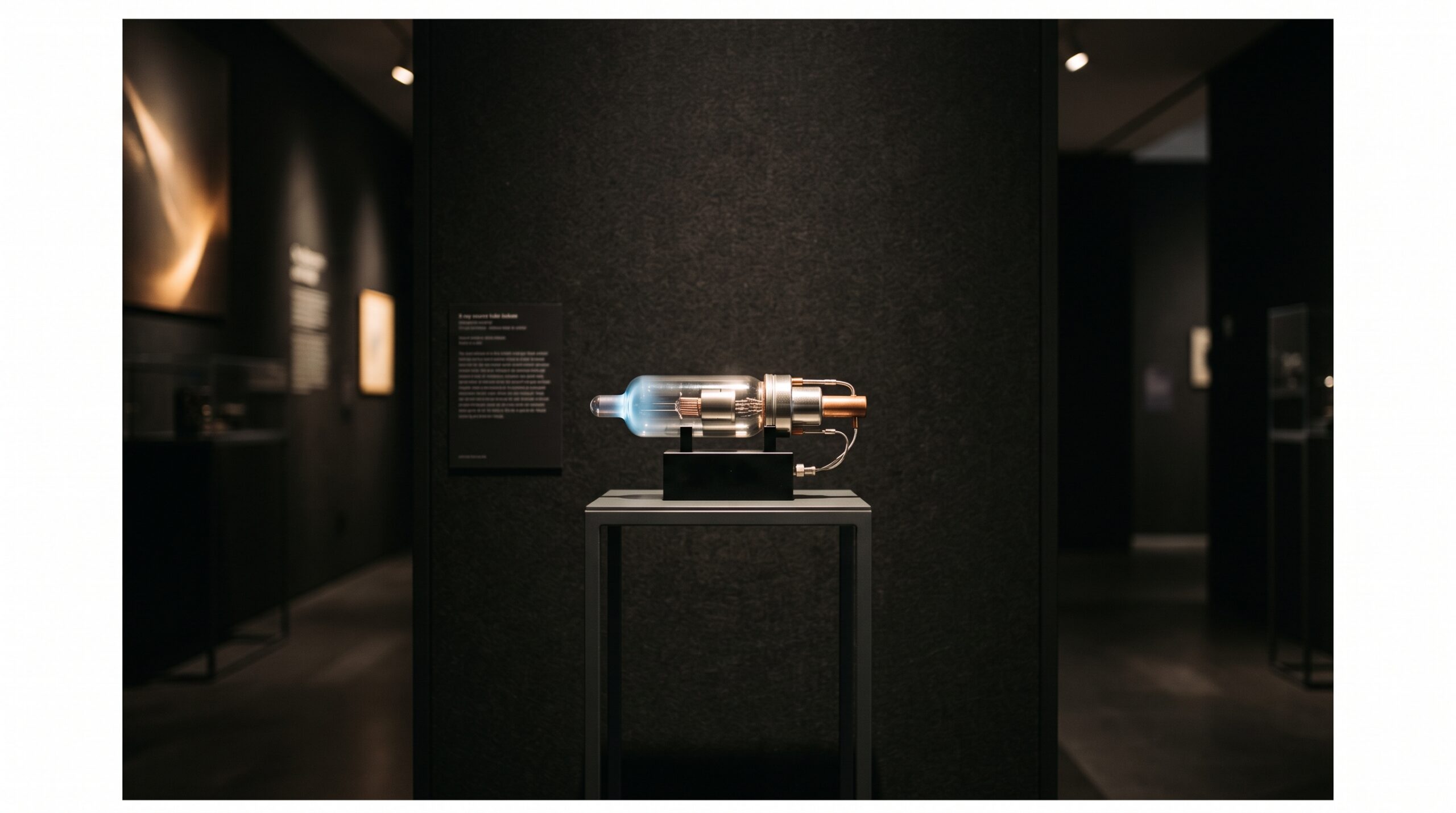 A small cylindrical x-ray source tube displayed as a sculptural object on a pedestal against a dark gallery wall