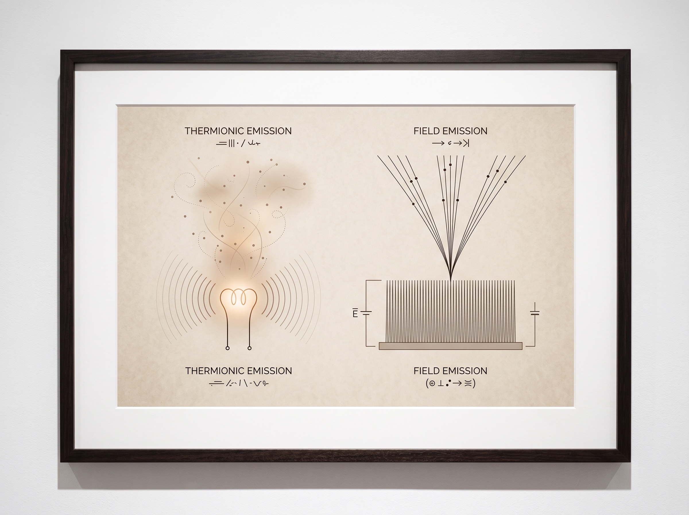 A diagram contrasting a glowing hot filament emitting a diffuse haze of electrons with a sharp array of carbon nanotubes emitting focused electron streams