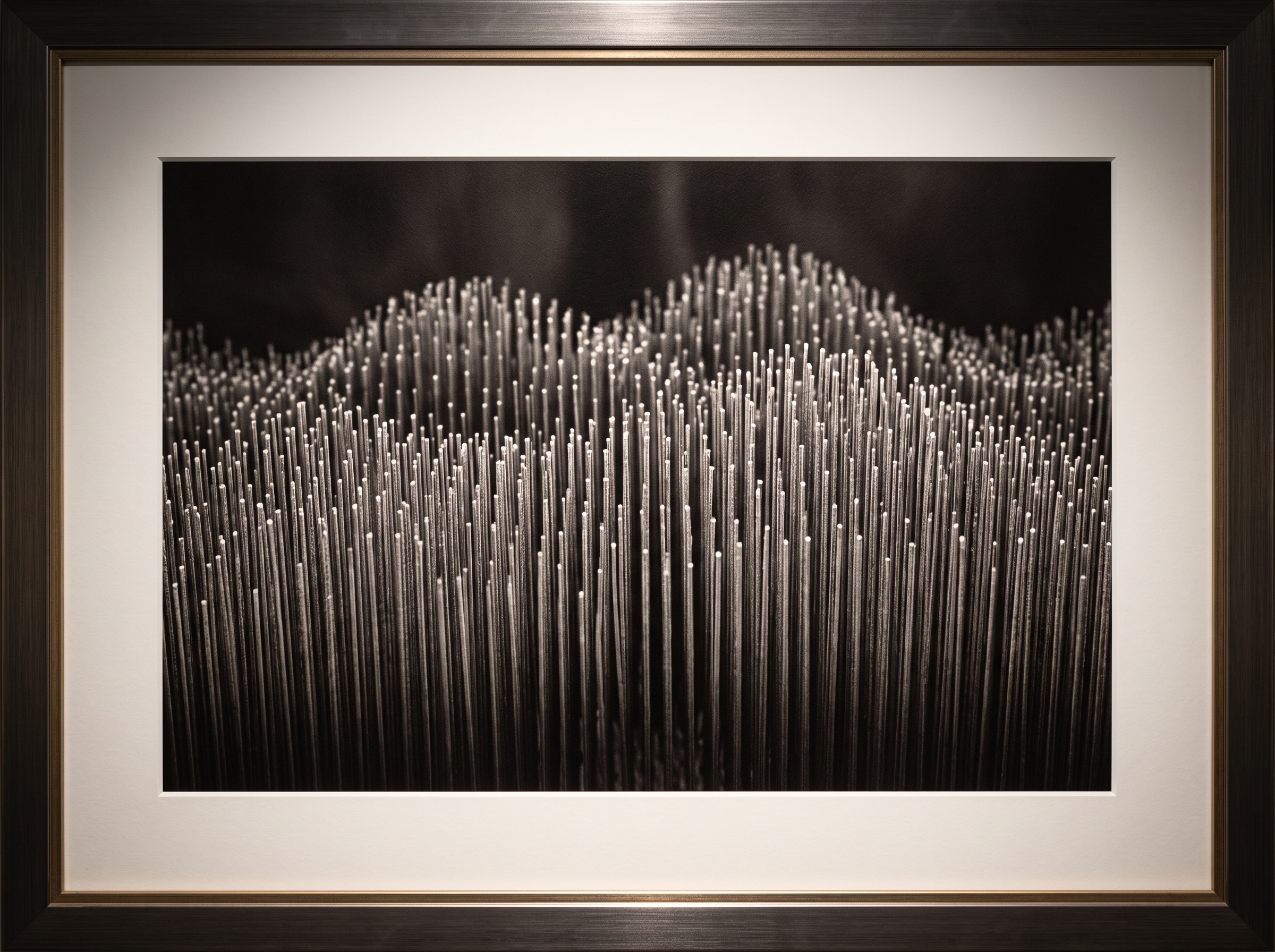 An abstract macro image of a dense ordered forest of fine vertical carbon nanotube columns with faintly glowing tips, presented as a framed print