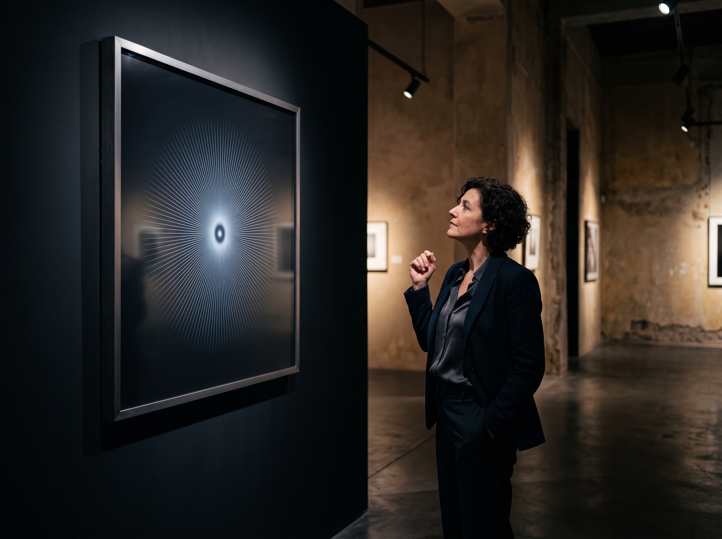 A clinician silhouette contemplating a large framed image of a single glowing miniature x-ray source radiating fine rays