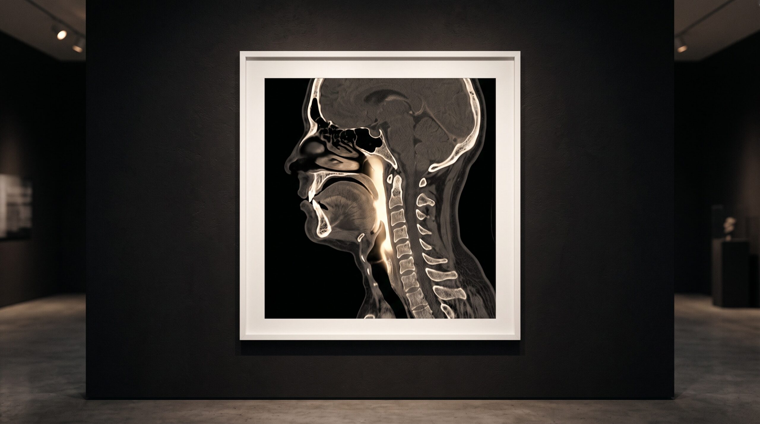 A framed gallery print of a sagittal CBCT of the head with the upper airway rendered as a glowing vertical channel of light behind the tongue and soft palate