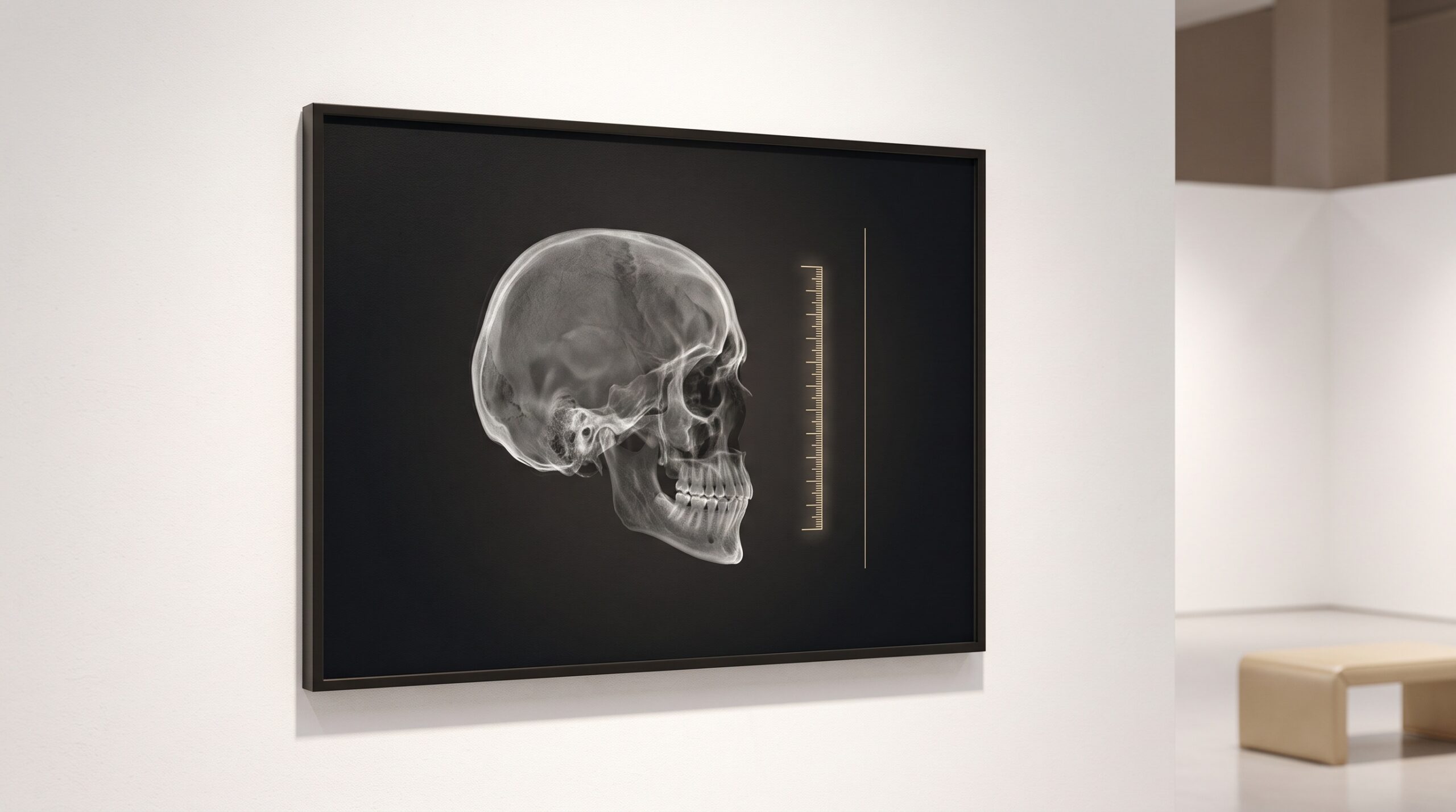 A grey CBCT skull volume framed as gallery art beside a glowing measured threshold line