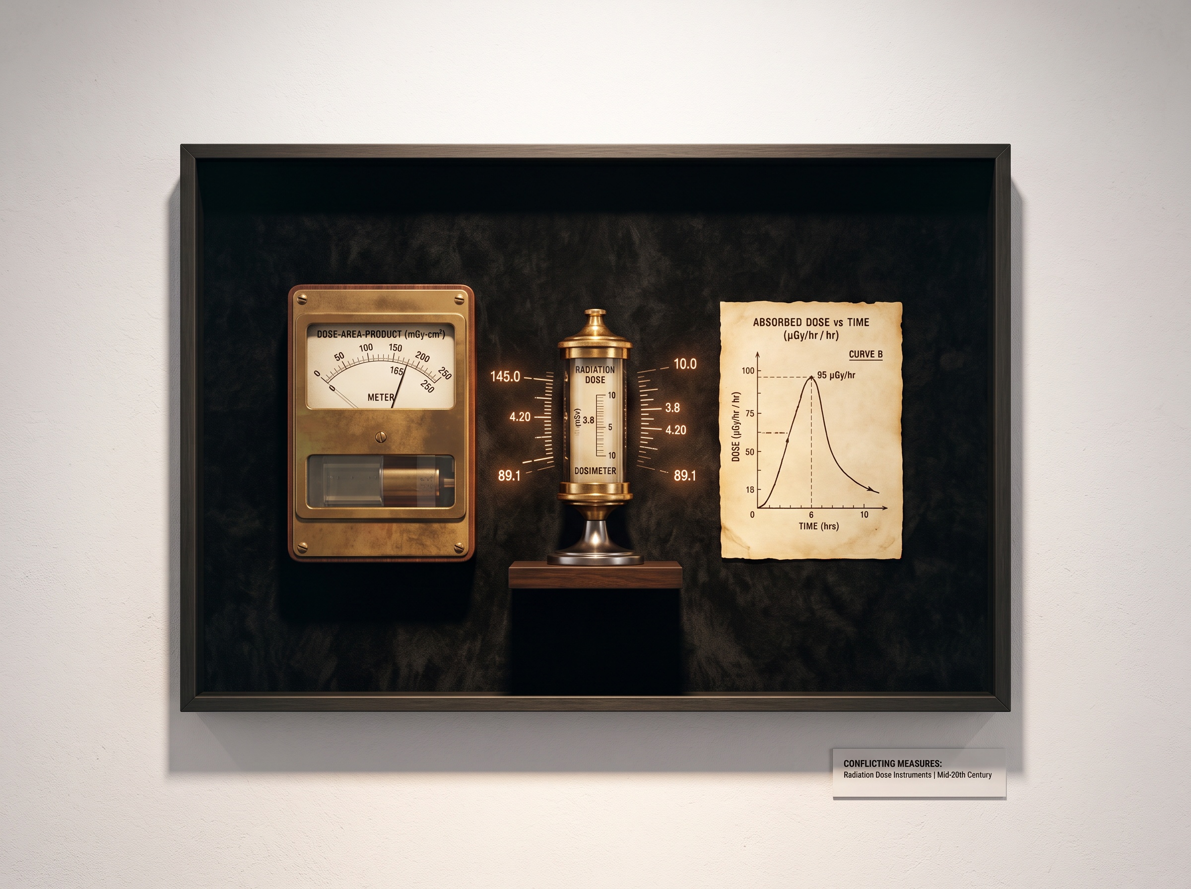 Three mismatched dose-measuring instruments framed together, their scales not aligning