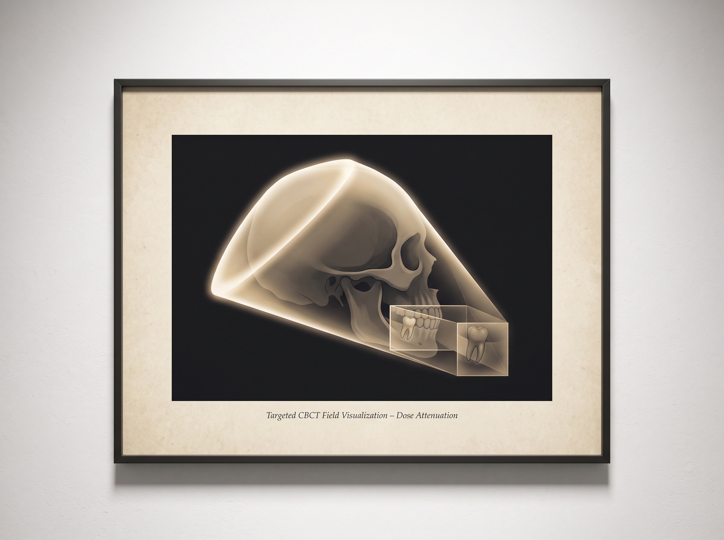 A CBCT beam narrowing from a full-head field to a small collimated region, the smaller field dimmer