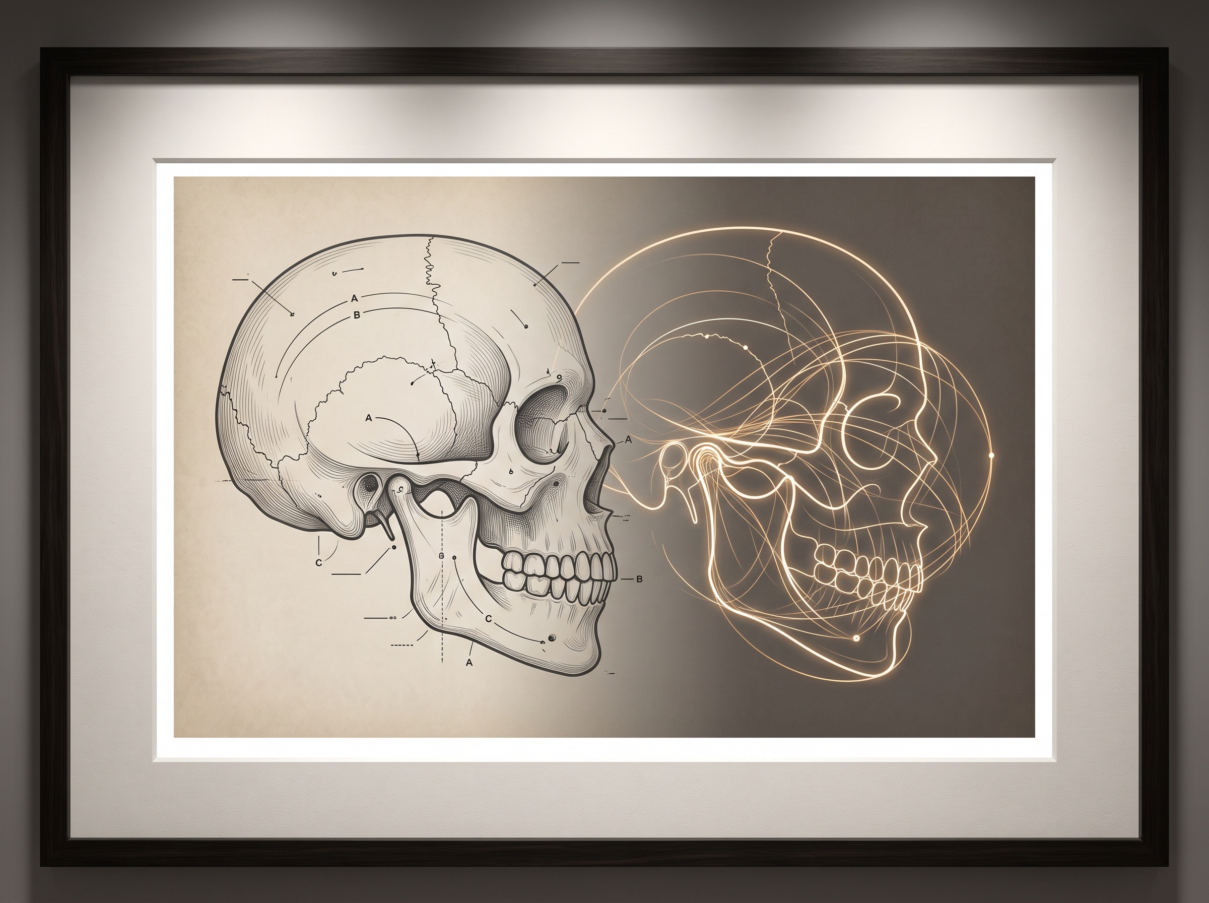 A diagram fusing a static line-art skull cross-section with glowing curved trajectory lines tracing the path of the moving jaw, overlaid in register