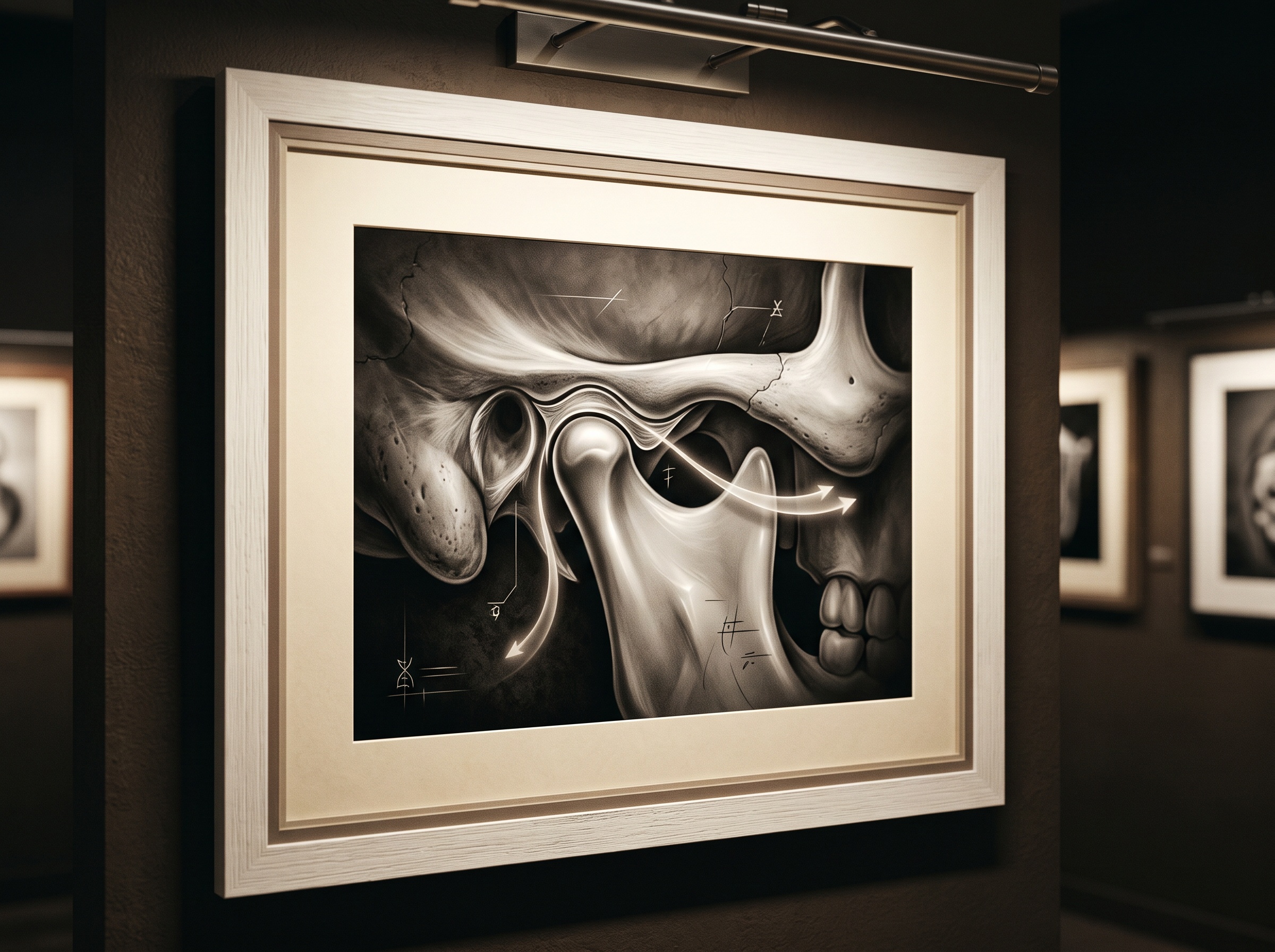 A framed anatomical study of the temporomandibular joint with a luminous curved ribbon tracing the condyle sliding forward along its articular path