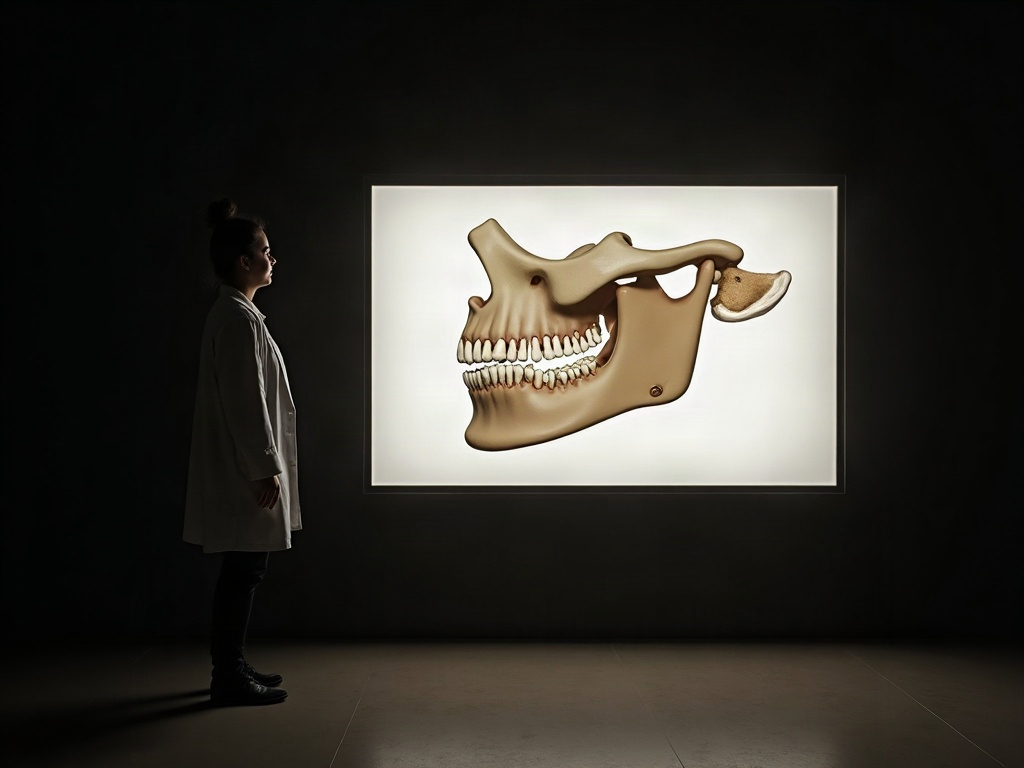 A clinician silhouette contemplating a large framed image of a jaw rendered mid-motion as a study in light and movement