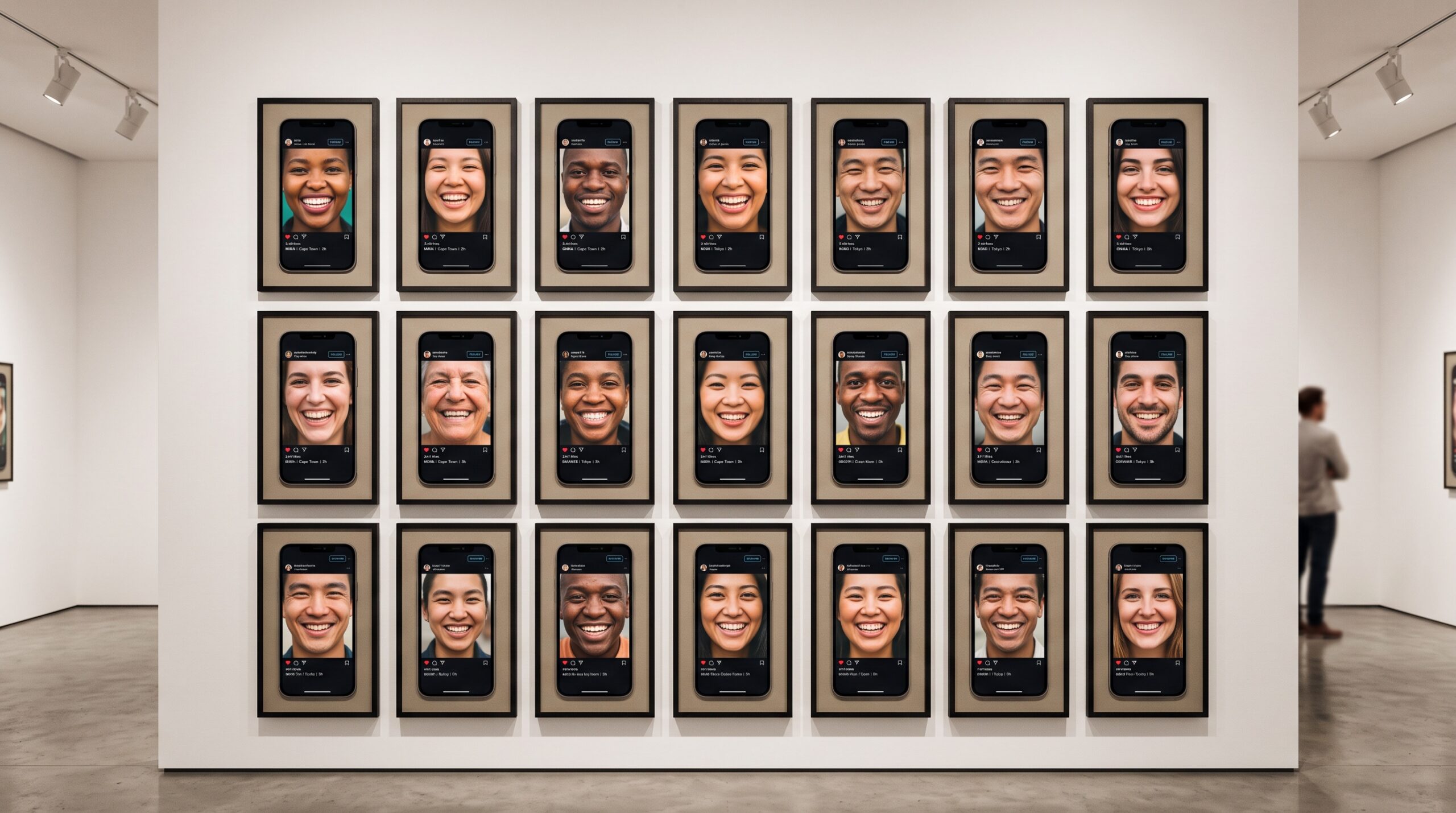 A gallery wall of framed smartphone-shaped smile photographs arranged like a curated social feed