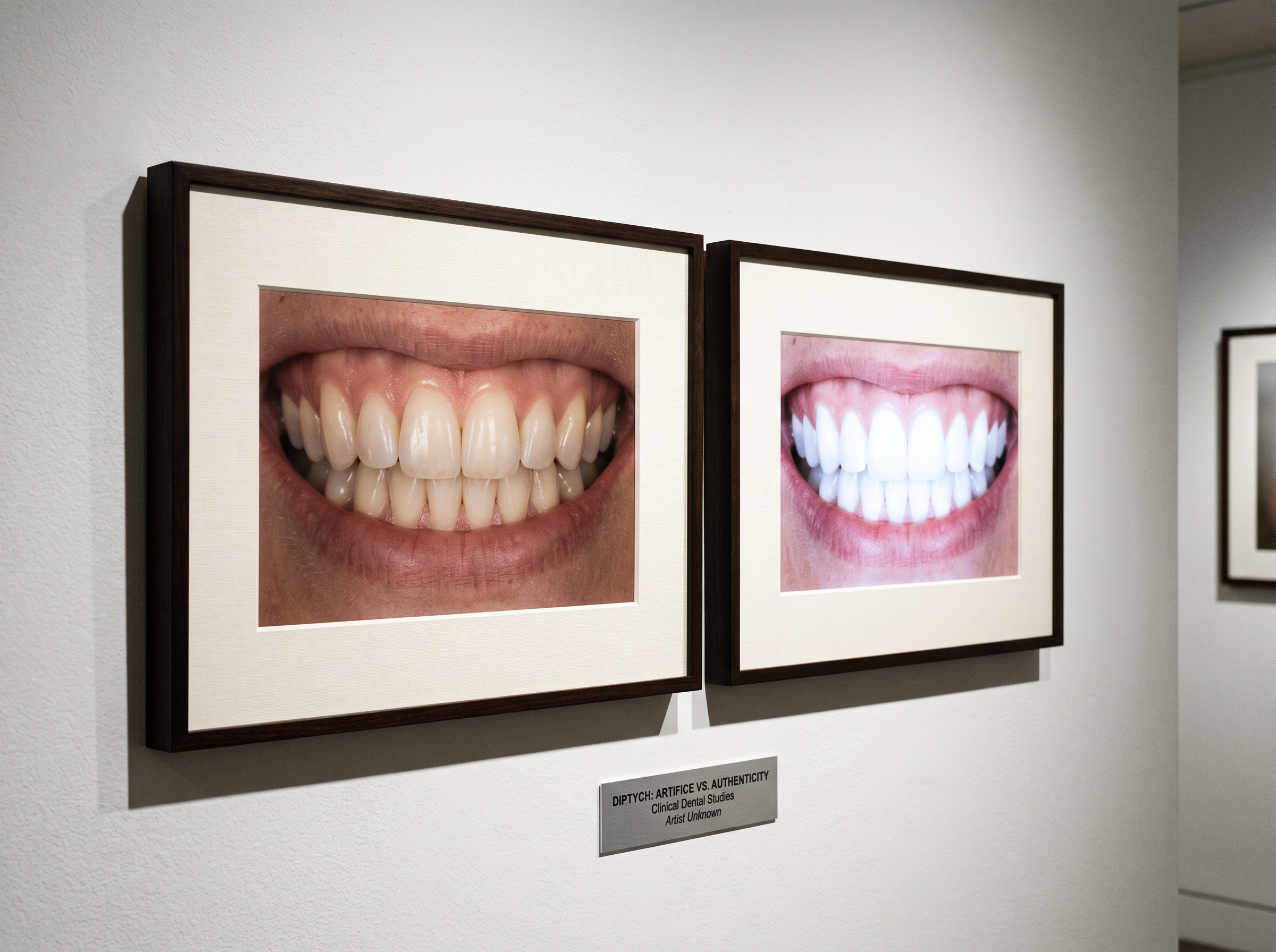 A diptych comparing an honest natural smile photograph with an over-whitened over-edited version