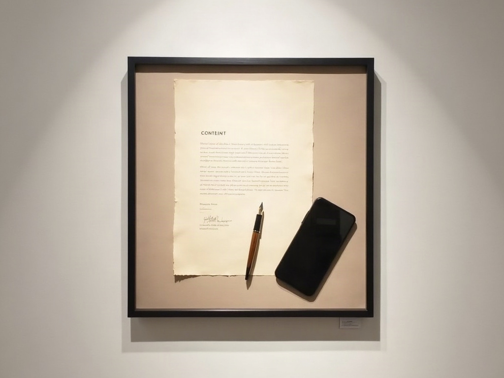 A framed still life of a consent form and pen beside a smartphone, presented as gallery art
