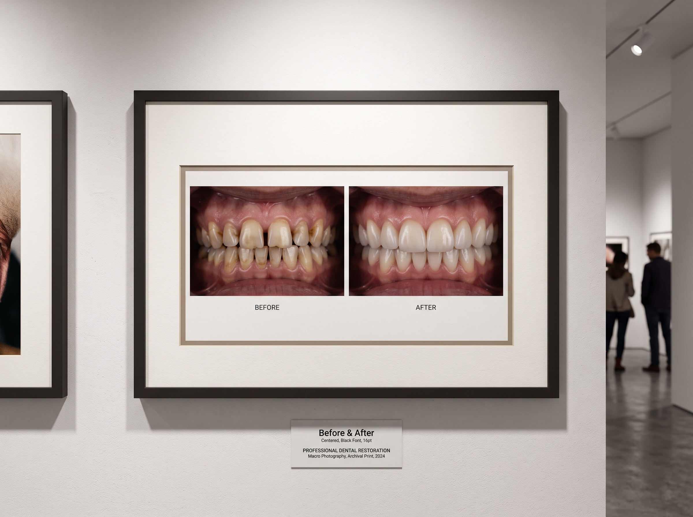 A before-and-after dental photo pair mounted in a single frame with consistent lighting and angle
