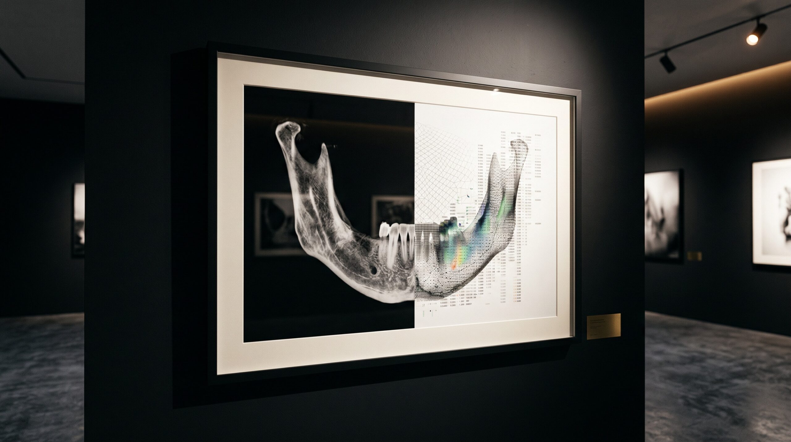 A framed CBCT cross-section of the jaw, one half a bone image and the other half dissolving into a faint numeric grid, presented as gallery art