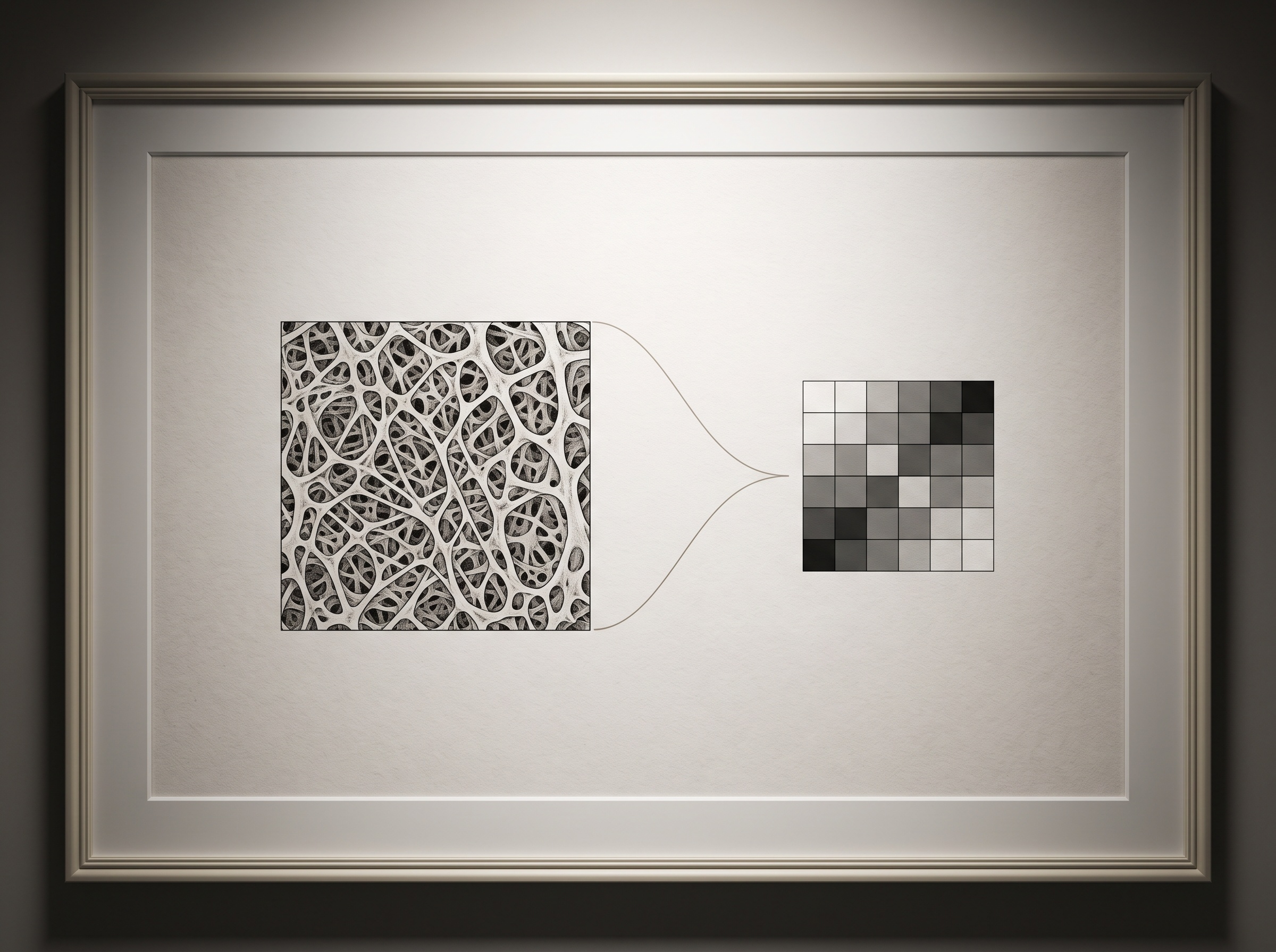 A patch of trabecular bone linked to a small grid of gray tiles representing a gray-level co-occurrence matrix