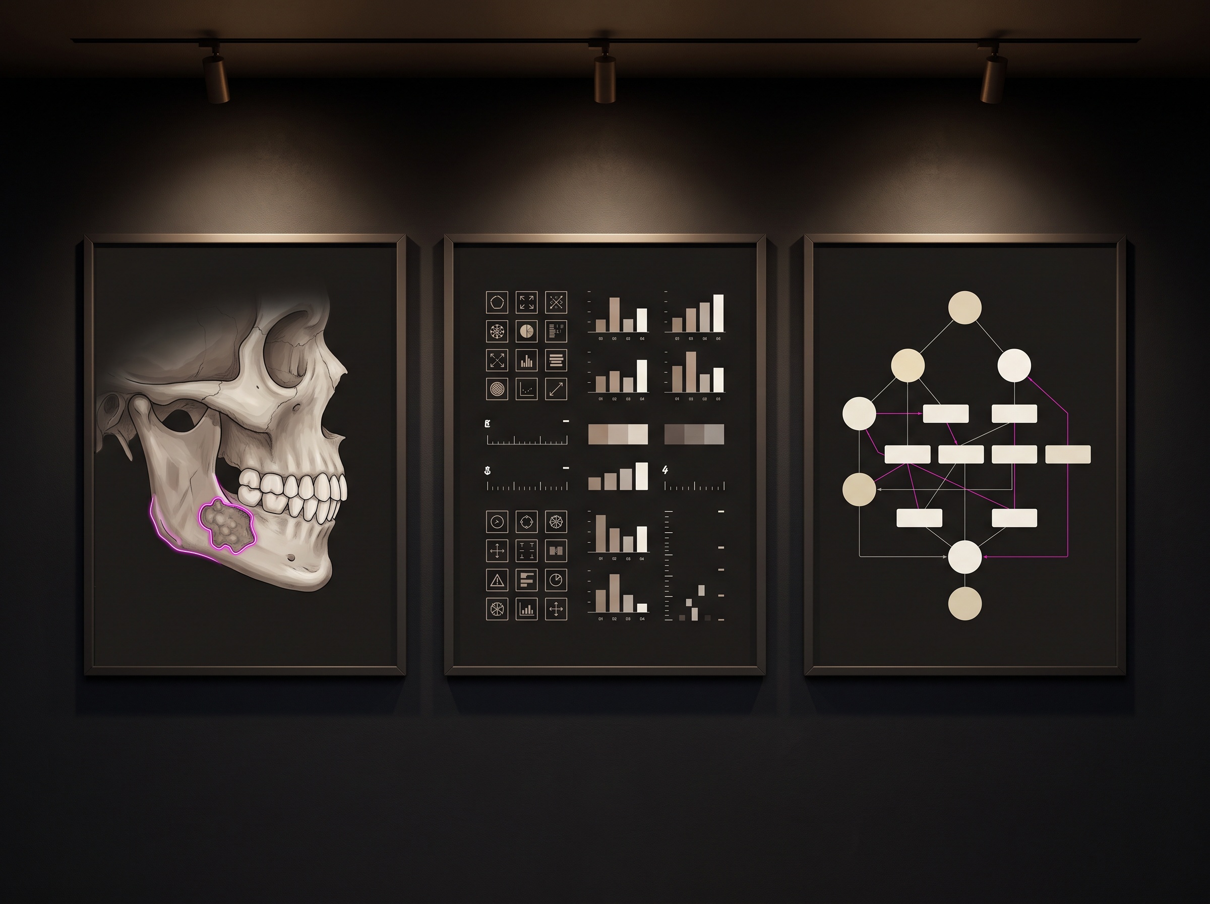 A three-panel gallery triptych showing a segmented lesion, an array of extracted measurements, and a predictive model diagram