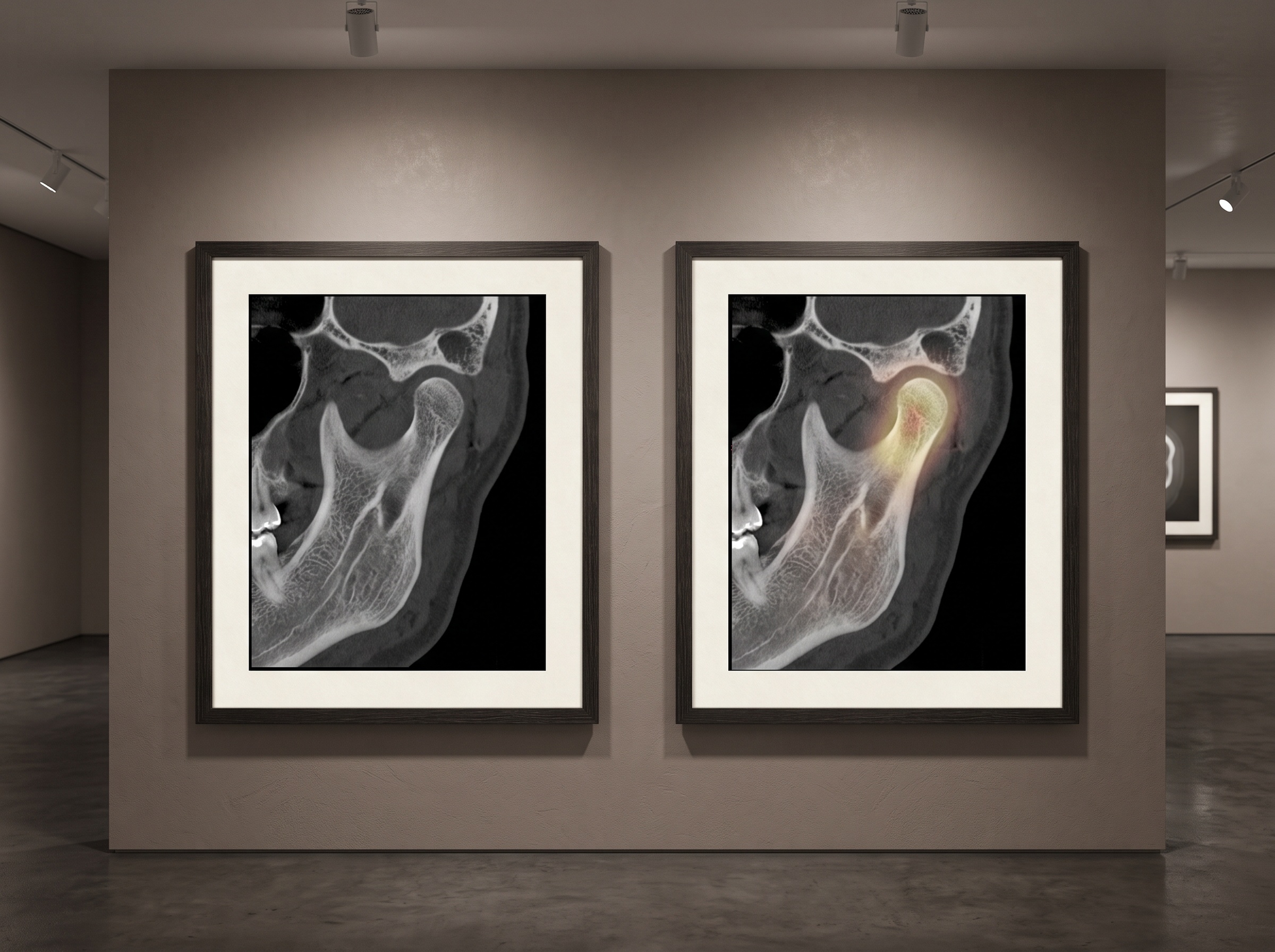 Two CBCT images of the jaw condyle, one plain where a lesion is hidden and one with a texture heat-map overlay that reveals it