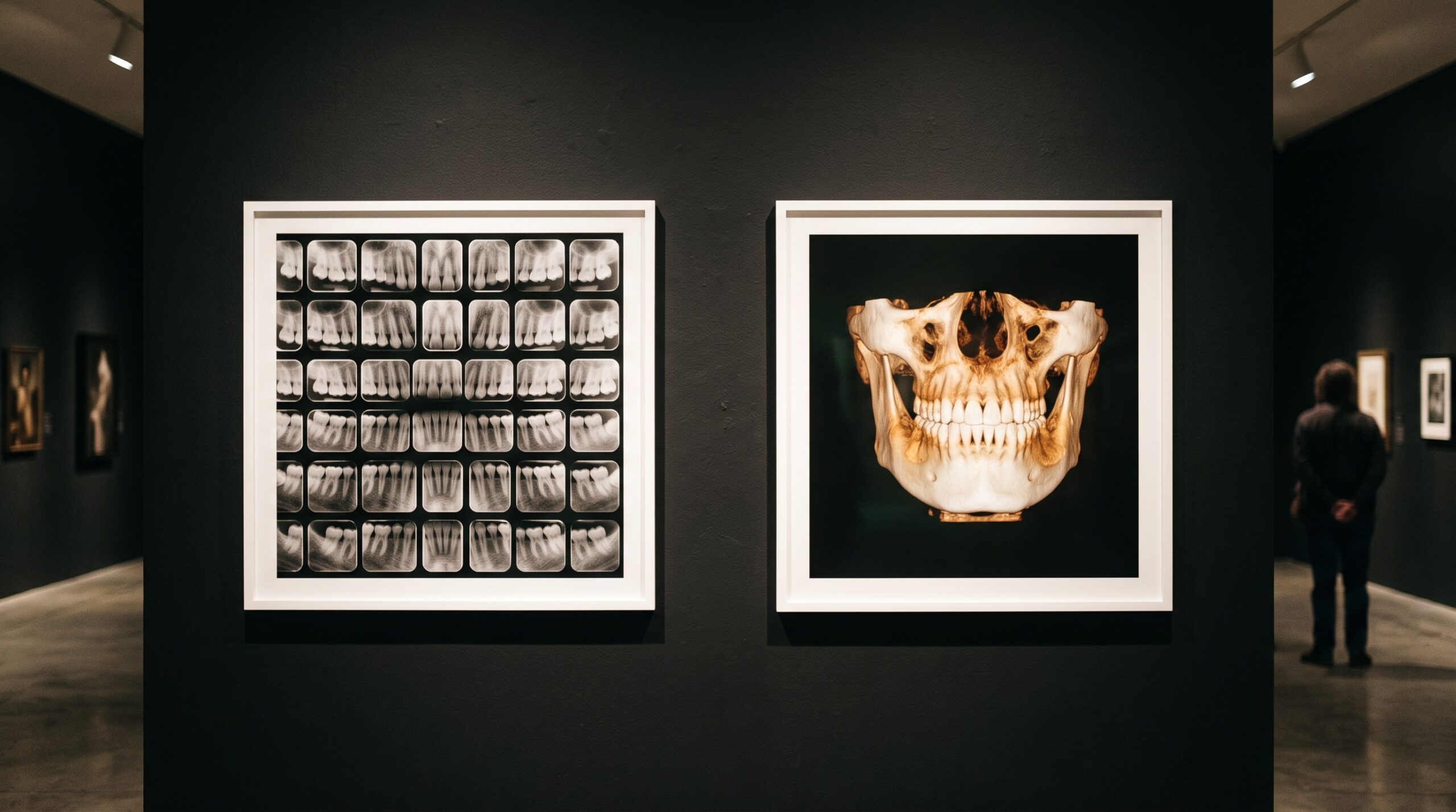 A gallery diptych pairing a flat grid of small 2D dental radiographs on the left with a glowing 3D volumetric rendering of a jaw on the right, balanced across a dark wall