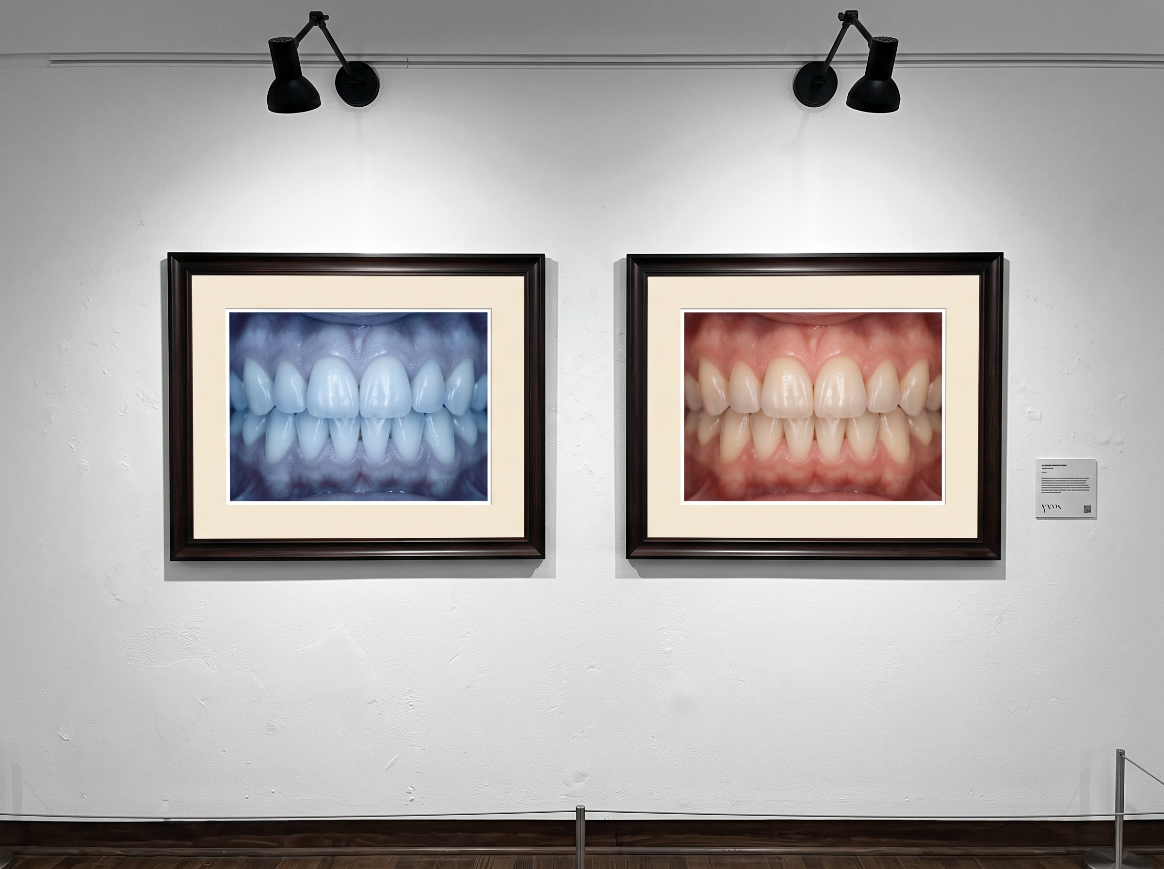 Two framed photographs of the same teeth, one with a blue color cast and one color-accurate, shown as gallery art