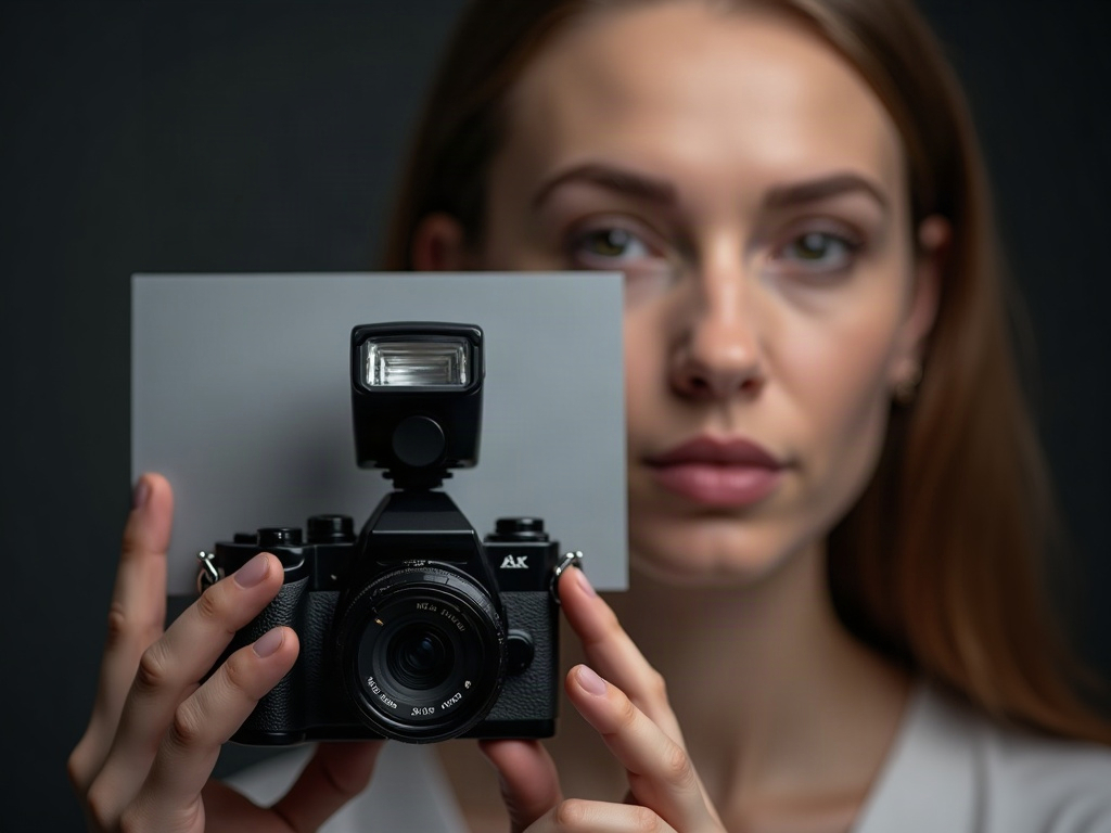 A camera with flash photographing a gray card held near the patient before the clinical series