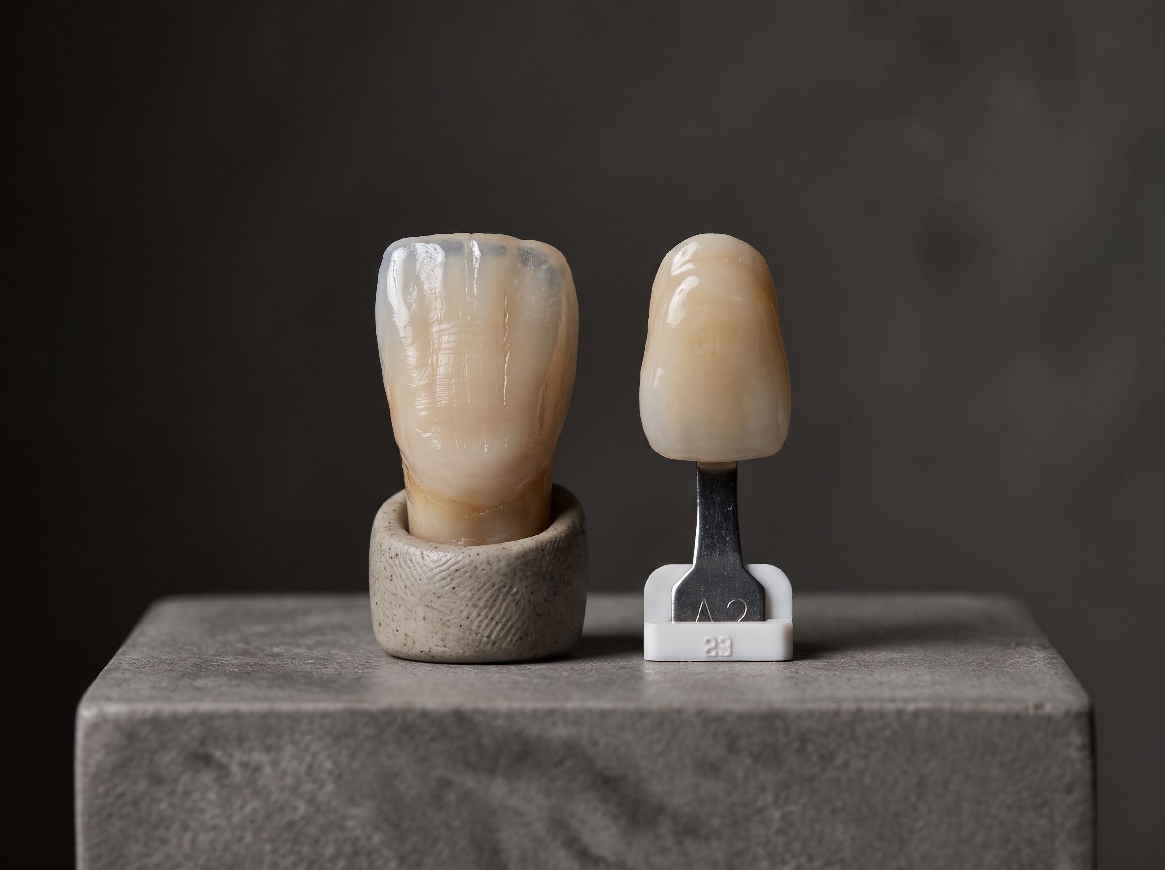 A shade tab photographed beside a natural tooth against a neutral gray background