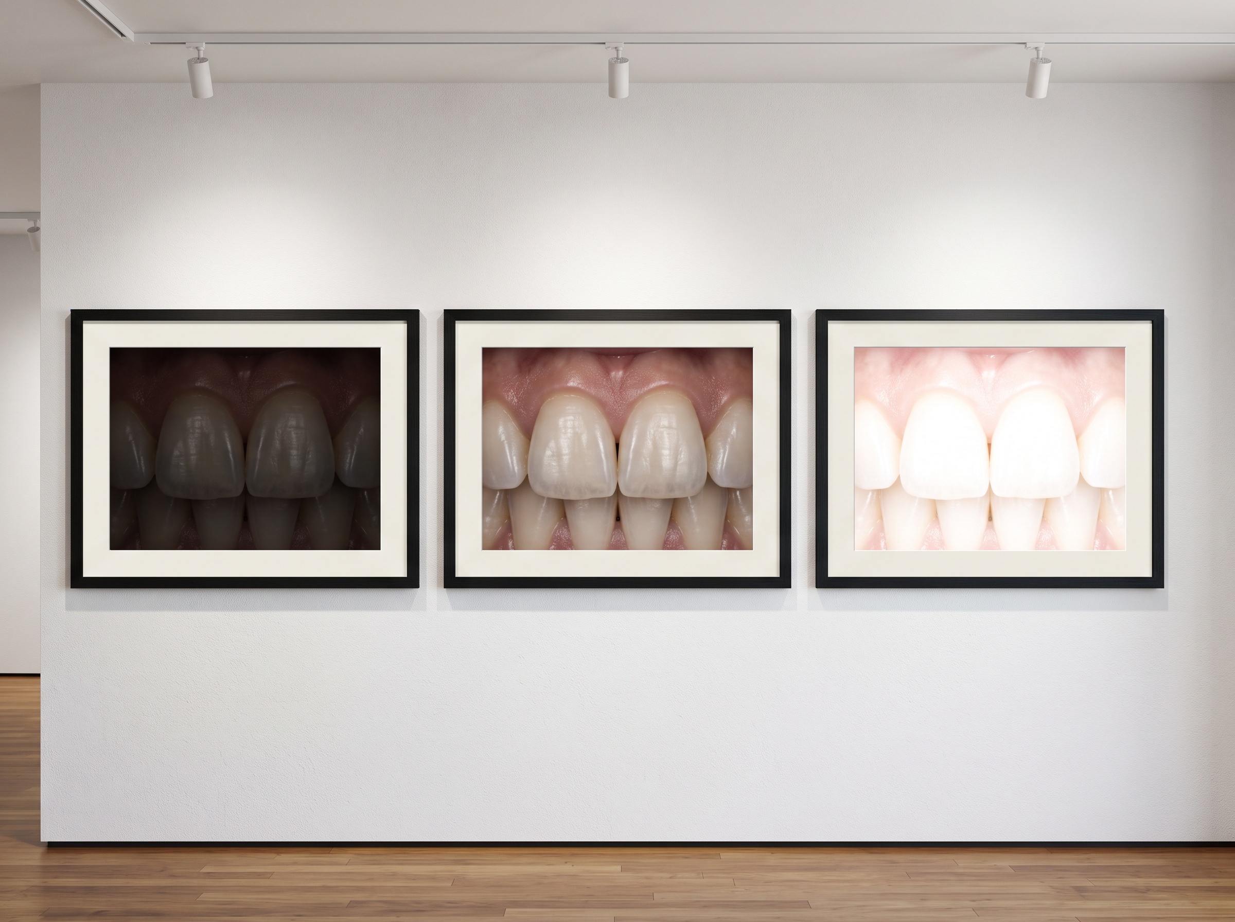 Three framed dental photographs showing under, correct, and over exposure of the same teeth