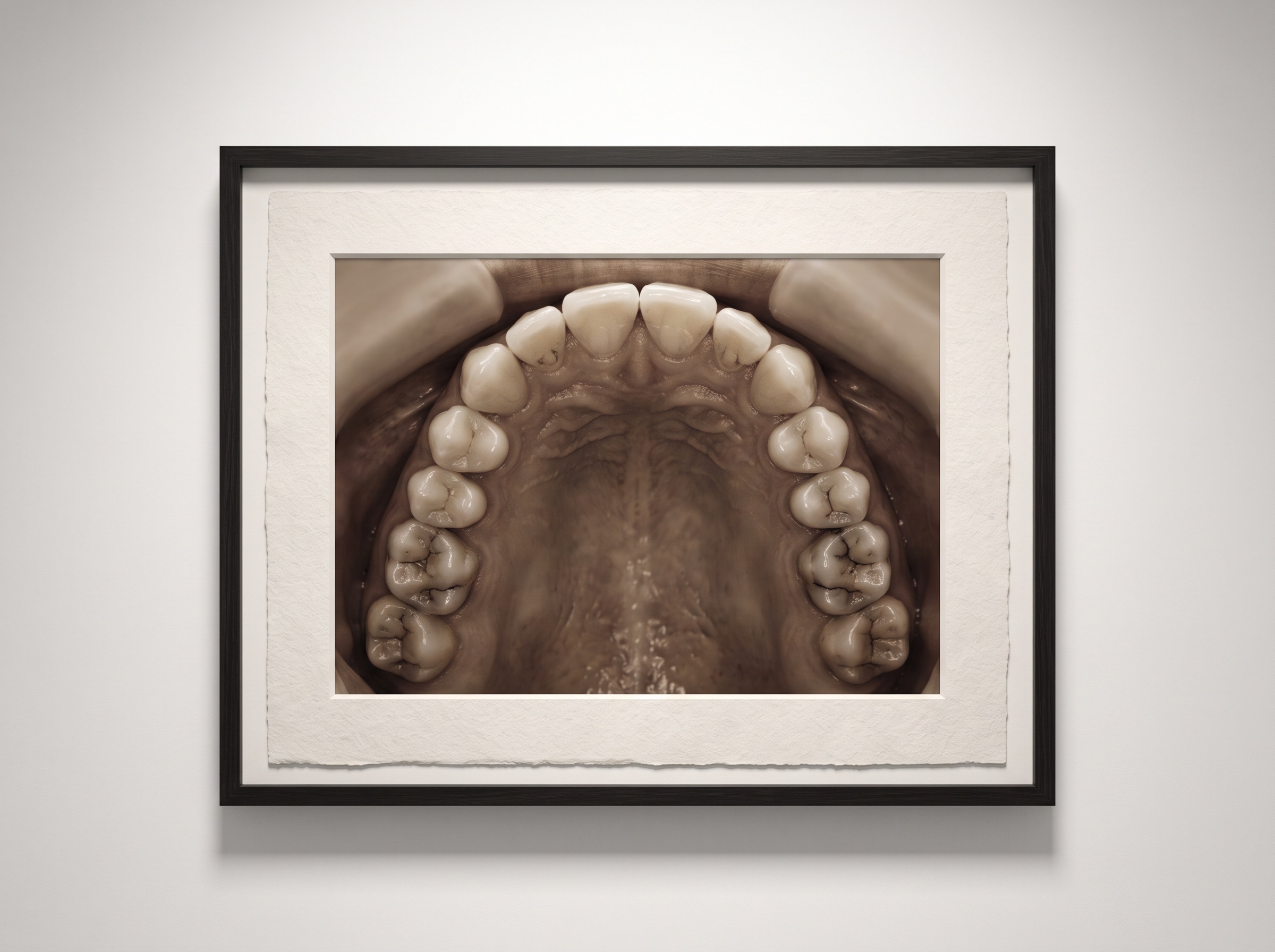 A perfectly tonally balanced dental arch photograph presented as a fine-art print